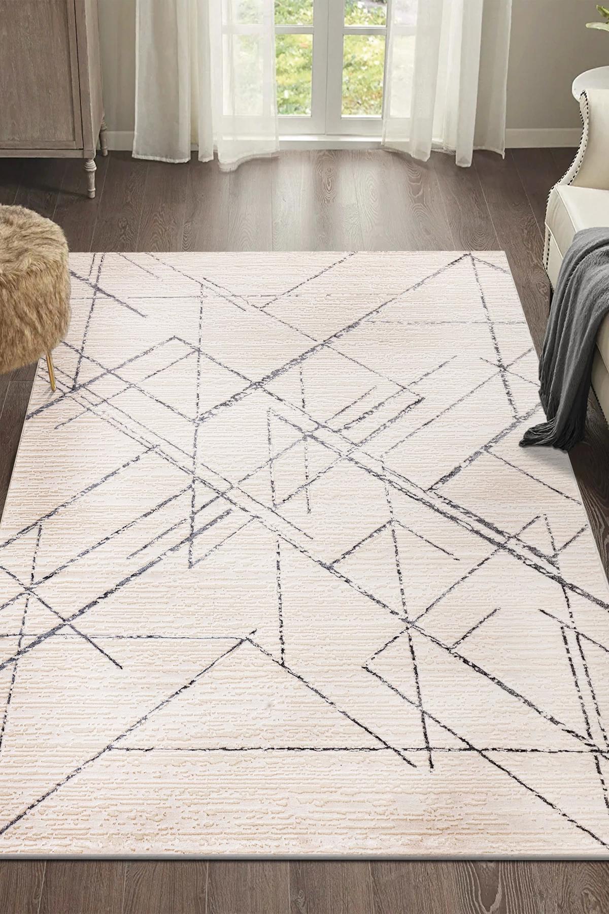 Şehrazat Home 1740 Gri-Krem 0.9 mm Polyester Antibakteriyel Yıkanabilir İnce Kaymaz Dikdörtgen Makine Dokuma Salon Halısı 80x300 cm