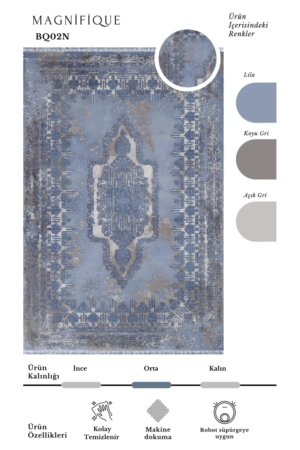 Pierre Cardin Magnifique Gri-Mavi 6 mm İpek Yumuşak Yıkanabilir İnce Kaymaz Dikdörtgen Makine Dokuma Salon Halısı 120x120 cm