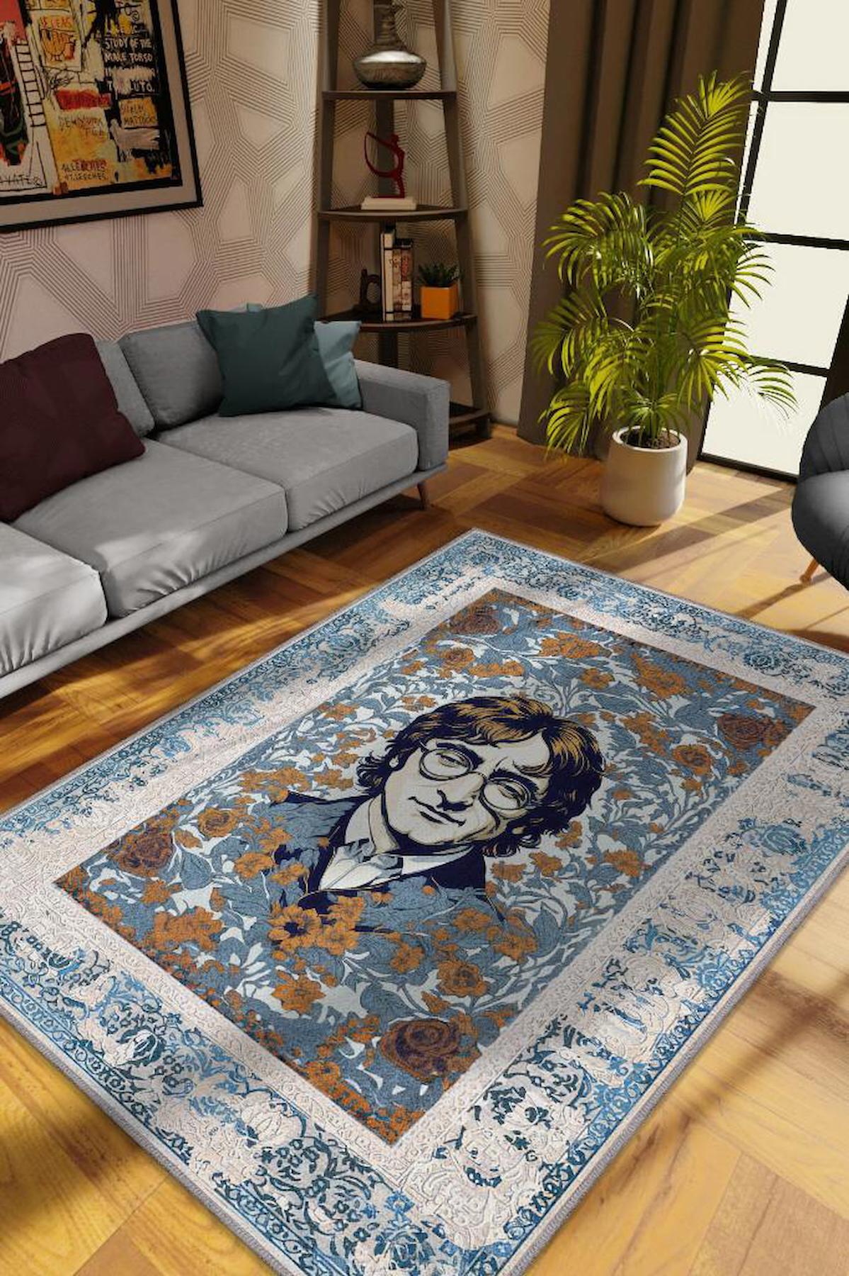 Homshtag John Lennon Krem 4 mm Pamuk Antistatik Yıkanabilir İnce Kaymaz Dikdörtgen Makine Dokuma Genç Odası Halısı 80x200 cm