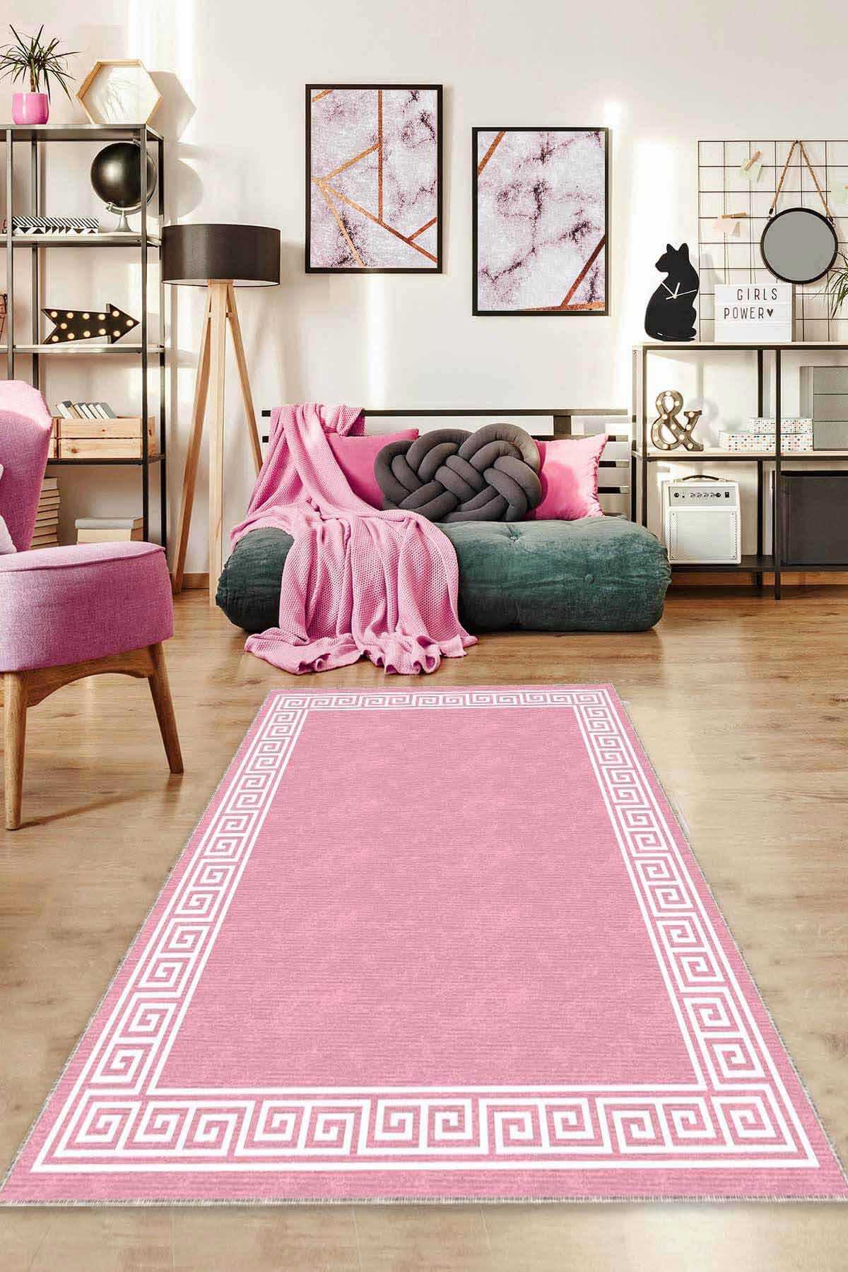 Viva Home AR518 Pembe 7 mm Mikropolyester Leke Tutmaz Yıkanabilir İnce Kaymaz Dot Taban Dikdörtgen Makine Dokuma Salon Halısı 160x230 cm
