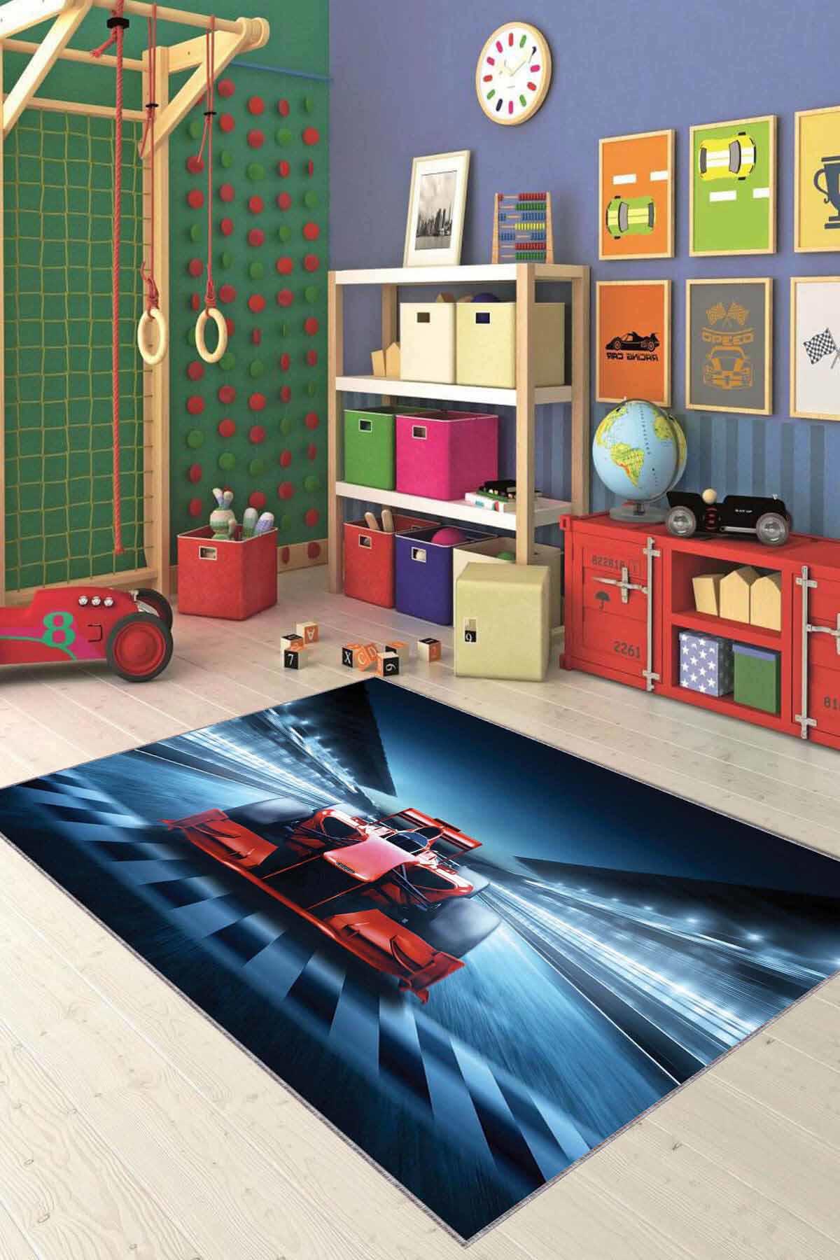 Viva Home KD83 Mavi 7 mm Mikropolyester Leke tutmaz Yıkanabilir İnce Kaymaz Dot Taban Dikdörtgen Makine Dokuma Çocuk Odası Halısı 100x400 cm