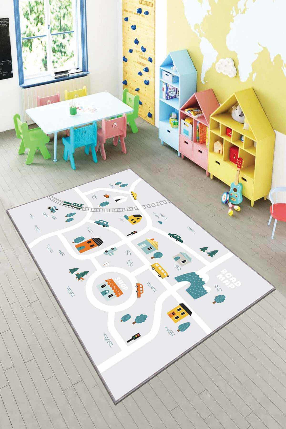Viva Home AR060 Gri 7 mm Mikropolyester Toz Tutmaz Yıkanabilir İnce Kaymaz Dot Taban Dikdörtgen Makine Dokuma Çocuk Odası Halısı 80x200 cm