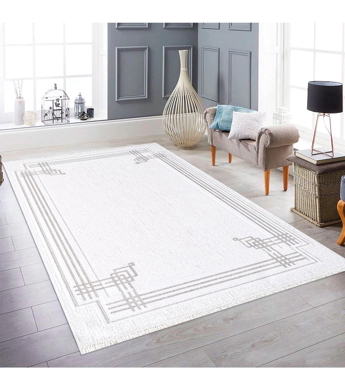 Atlas Halı Mondeo Gri-Krem 6 mm Viskon Yıkanabilir İnce Kaymaz Jüt Taban Dikdörtgen Makine Dokuma Salon Halısı 100x200 cm