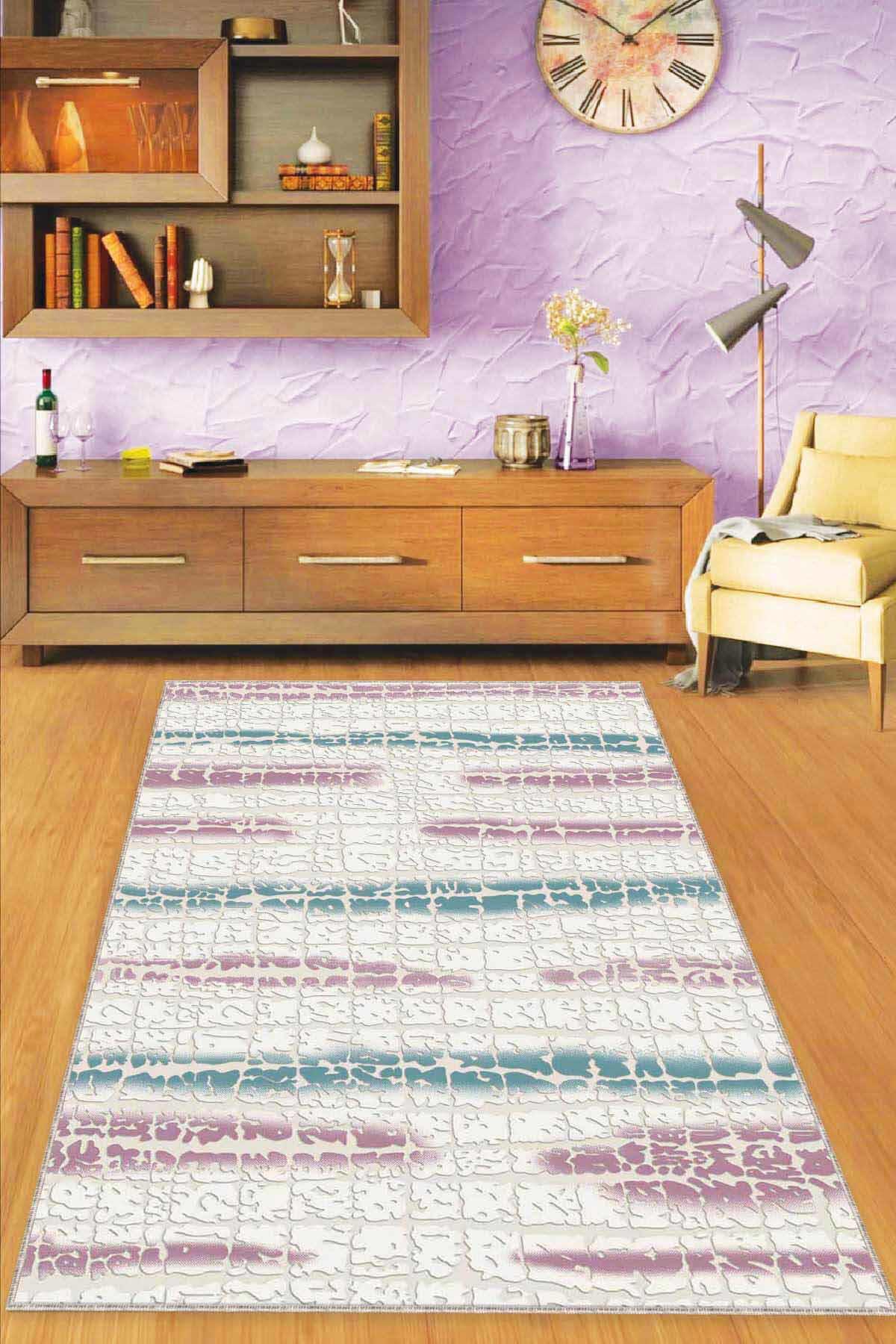 Viva Home FL04 Pembe-Turkuaz 7 mm Mikropolyester Leke Tutmaz Yıkanabilir İnce Kaymaz Dot Taban Dikdörtgen Makine Dokuma Salon Halısı 200x300 cm
