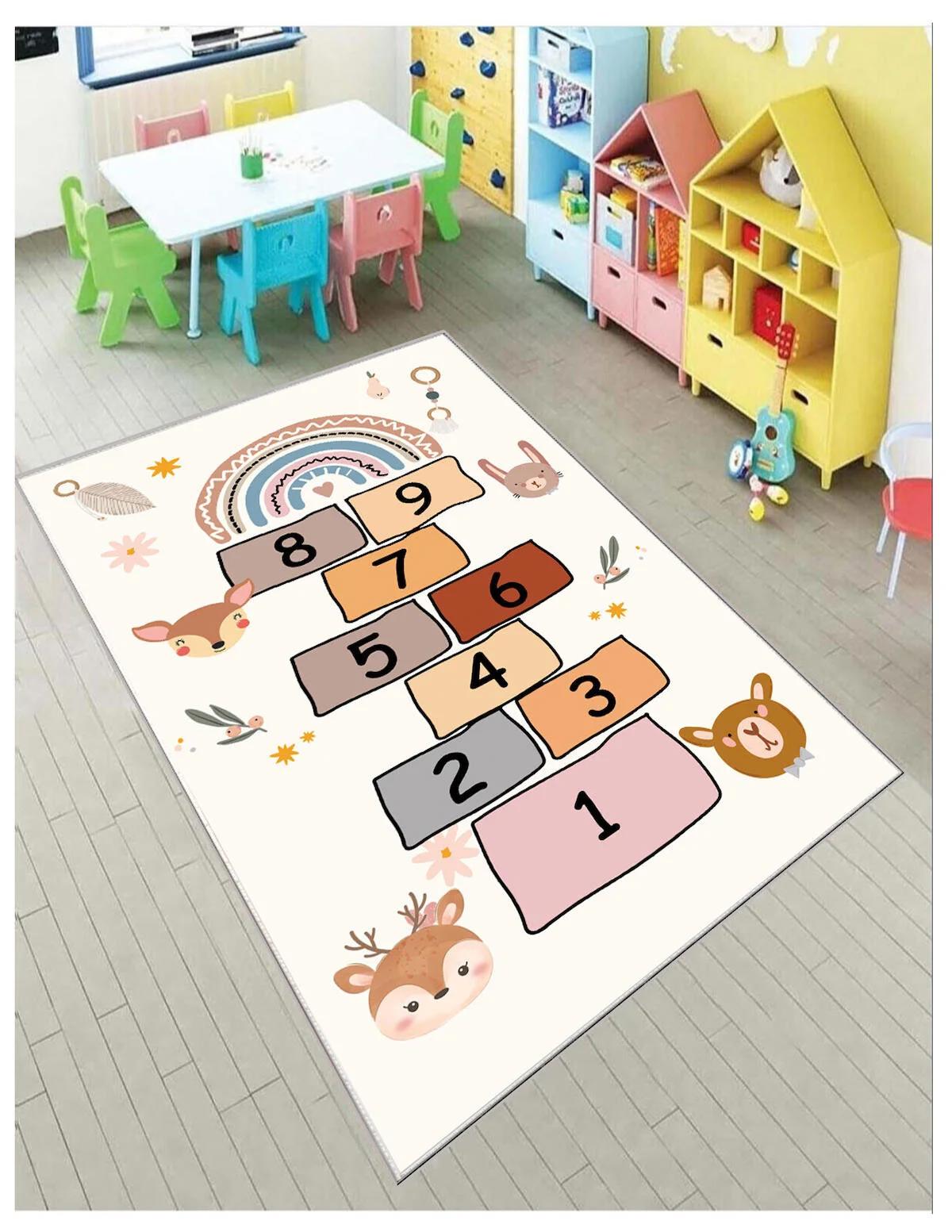 Sty Home Kahverengi - Krem 0.8 mm Polyester Toz Tutmaz Yıkanabilir İnce Kaymaz Lateks Taban Hayvan Desenli Dikdörtgen Makine Dokuma Çocuk Odası Halısı 200x200 cm