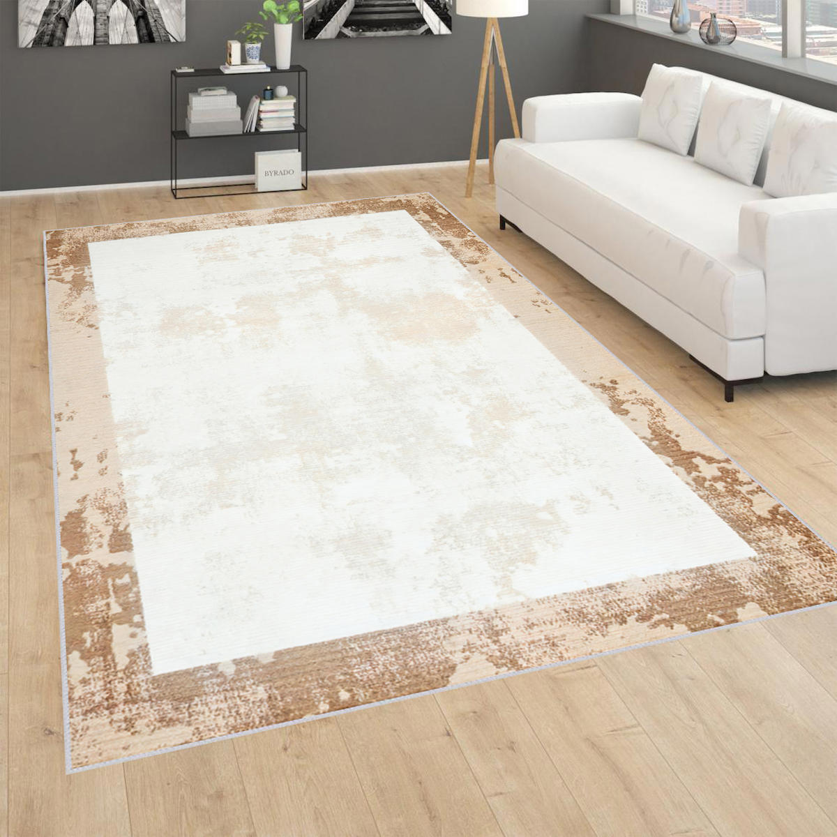 Rovigo Home RVG0760 Kahverengi - Krem 8 mm Polyester Antibakteriyel-Leke Tutmaz-Toz Tutmaz Yıkanabilir İnce Kaymaz Dot Taban Dikdörtgen Makine Dokuma Salon Halısı 120x200 cm