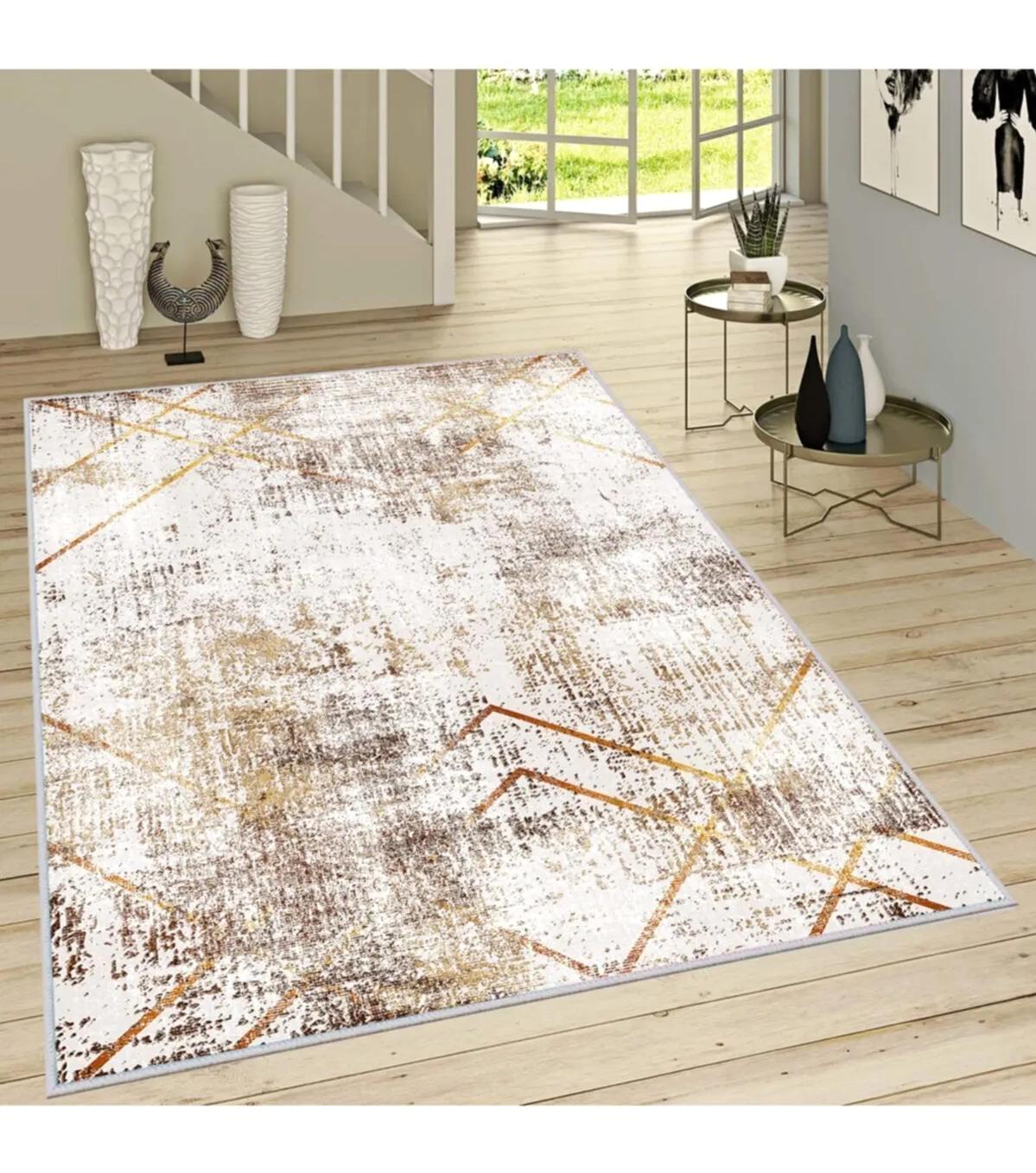 Rovigo Home RVG1666 Krem 8 mm Polyester Leke Tutmaz-Toz Tutmaz Yıkanabilir İnce Kaymaz Dot Taban Dikdörtgen Makine Dokuma Salon Halısı 100x200 cm