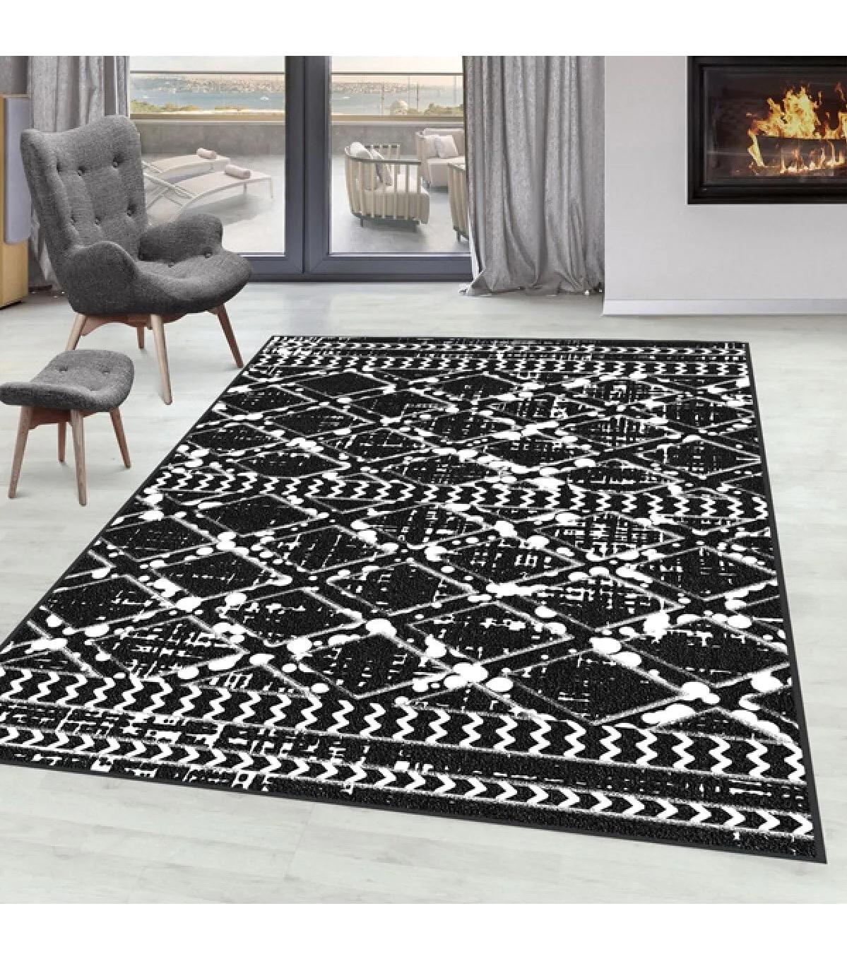 Rovigo Home RVG0088-SD925 Beyaz - Siyah 8 mm Polyester Yıkanabilir Orta Kaymaz Dot Taban Dikdörtgen Makine Dokuma Salon Halısı 100x300 cm