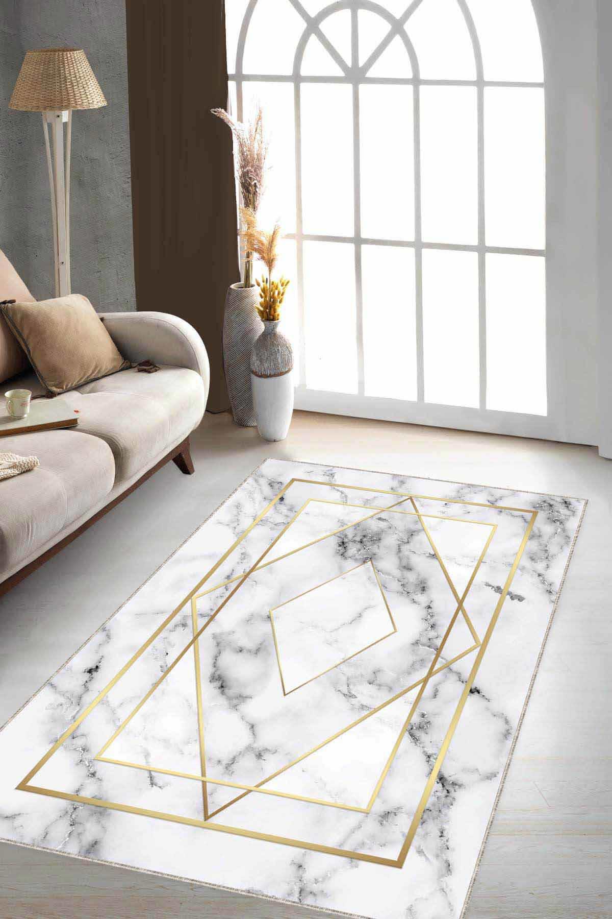Viva Home RV004 Altın - Krem 7 mm Mikropolyester Leke tutmaz Yıkanabilir İnce Kaymaz Dot Taban Dikdörtgen Makine Dokuma Salon Halısı 133x190 cm