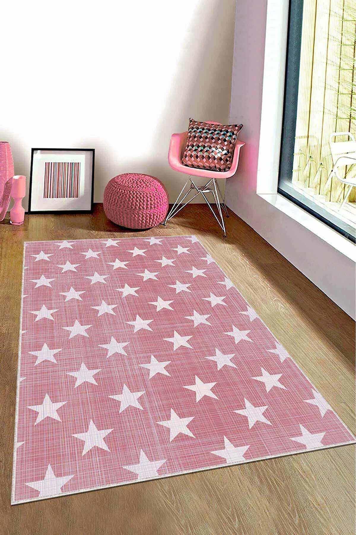 Viva Home KD80 Pembe 7 mm Mikropolyester Leke Tutmaz Yıkanabilir İnce Kaymaz Dot Taban Dikdörtgen Makine Dokuma Çocuk Odası Halısı 100x300 cm