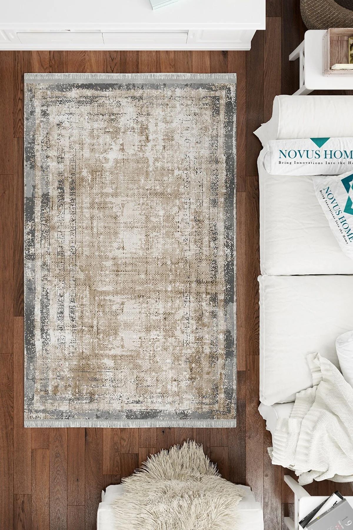 Novus Home Westa Serisi Gri-Krem 6 mm Pamuk Antibakteriyel-Toz Tutmaz-Yalıtıma Yardımcı Yıkanabilir İnce Kaymaz Taban Dikdörtgen Makine Dokuma Antre-Salon-Yatak Odası Halısı 80x150 cm