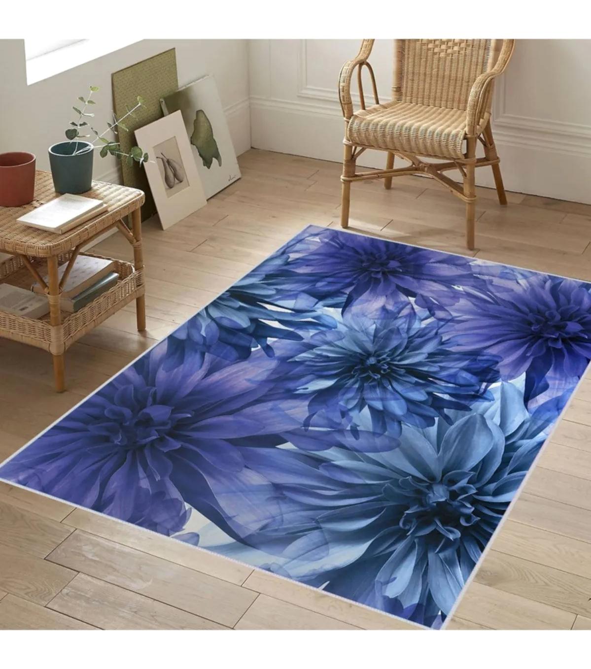 Rovigo Home RVG1749 Mavi 8 mm Polyester Antibakteriyel-Leke Tutmaz-Toz Tutmaz Yıkanabilir İnce Kaymaz Dot Taban Dikdörtgen Makine Dokuma Salon Halısı 80x500 cm