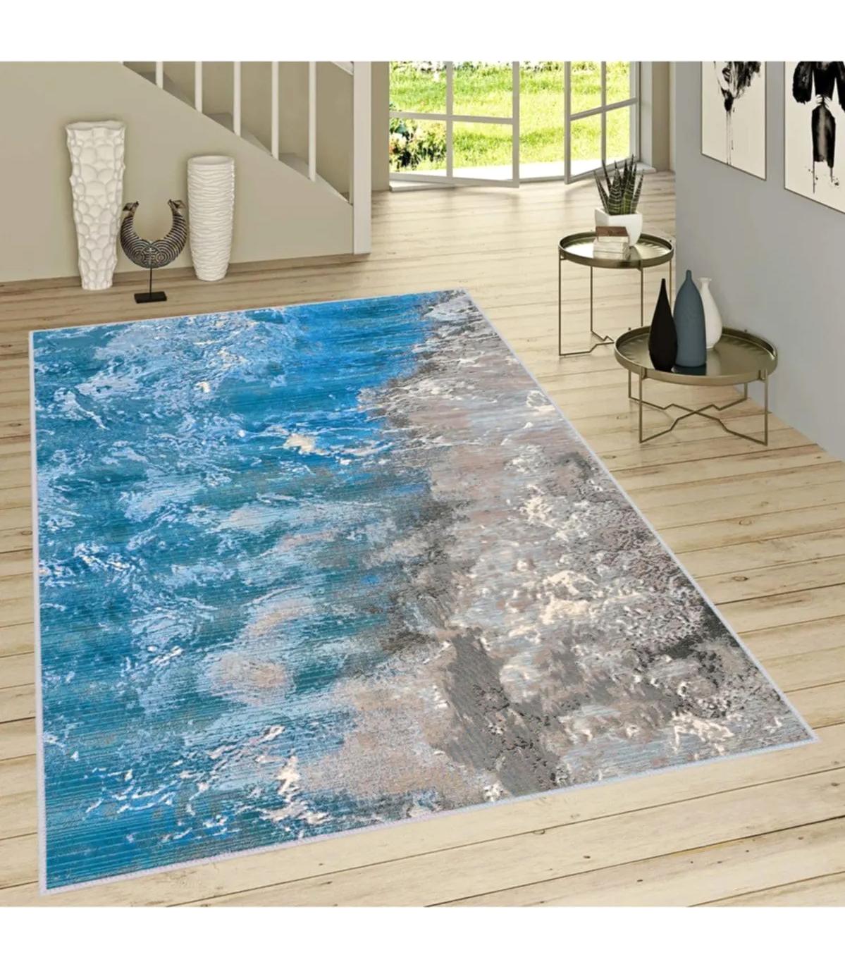 Rovigo Home RVG1681 Mavi - Vizon 8 mm Polyester Antibakteriyel-Leke Tutmaz-Toz Tutmaz Yıkanabilir İnce Kaymaz Dot Taban Dikdörtgen Makine Dokuma Salon Halısı 100x200 cm