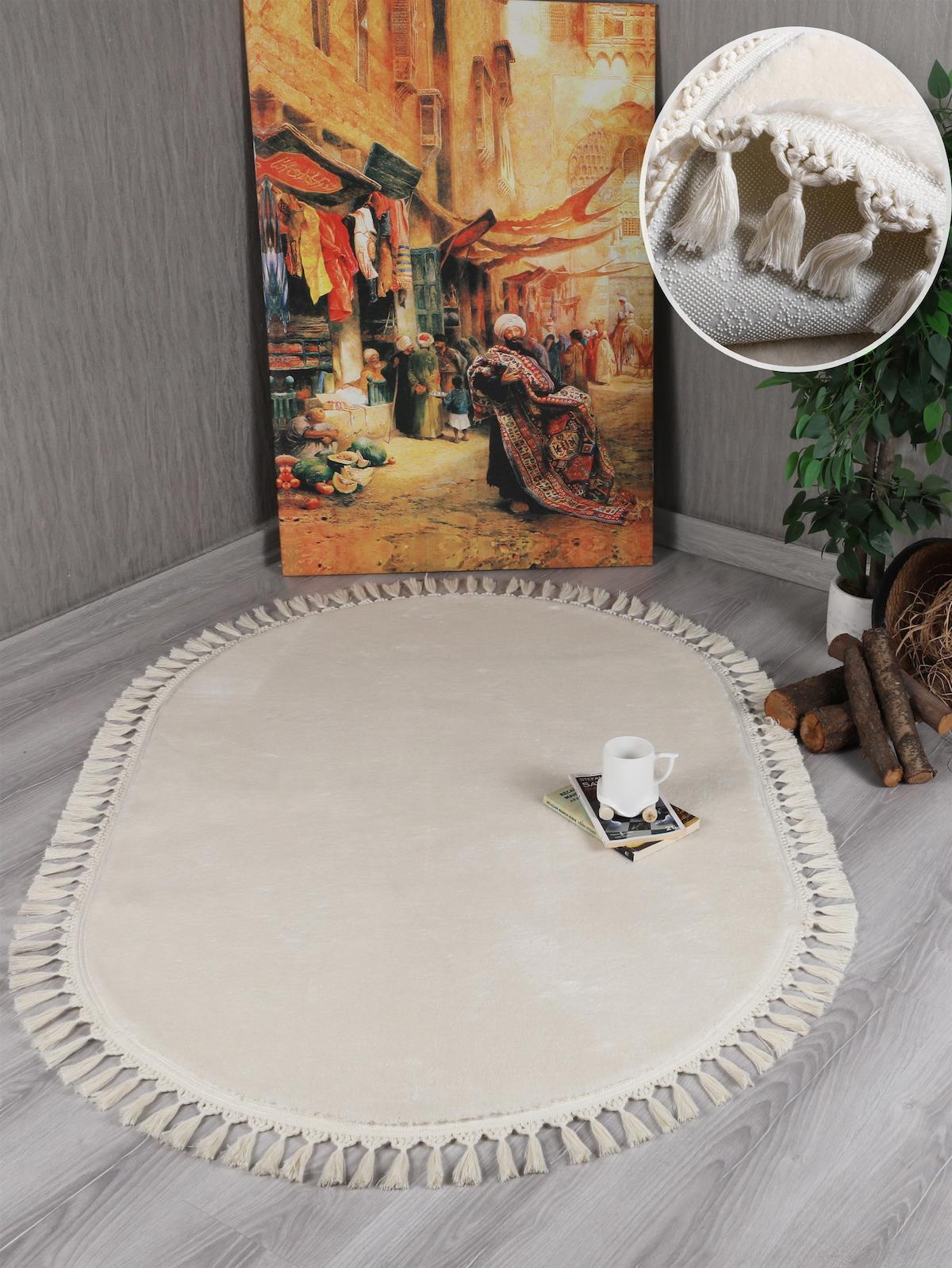 My Evilla Krem 14 mm Polyester Leke Tutmaz Yıkanabilir Kalın Kaymaz Jel Taban Oval Makine Dokuma Yatak Odası Halısı 100x200 cm