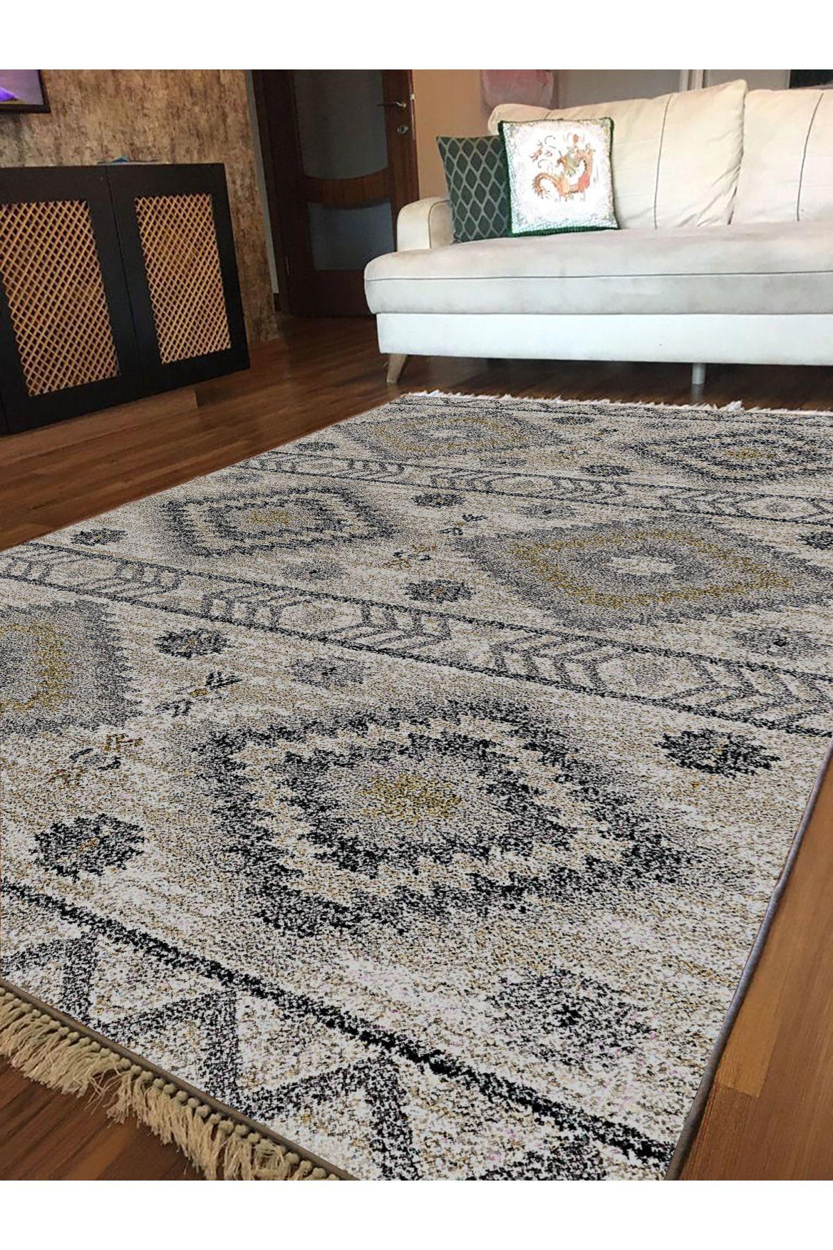 Aldora E4131 Krem 9 mm Deri Antibakteriyel Yıkanabilir İnce Kaymaz Pamuk Taban Dikdörtgen Makine Dokuma Salon Halısı 100x150 cm