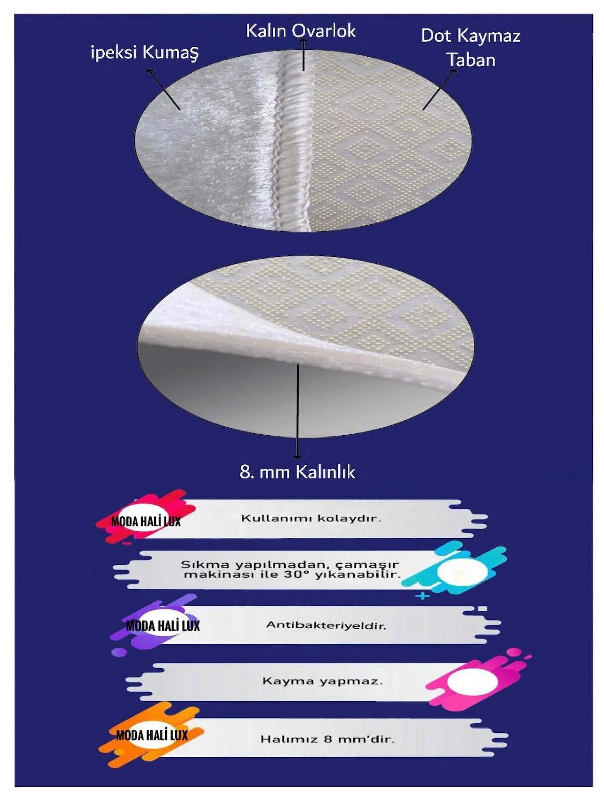 Sty Home Çok Renkli 0.8 mm Polyester Antibakteriyel Yıkanabilir İnce Kaymaz Taban Dikdörtgen Makine Dokuma Salon Halısı 100x200 cm