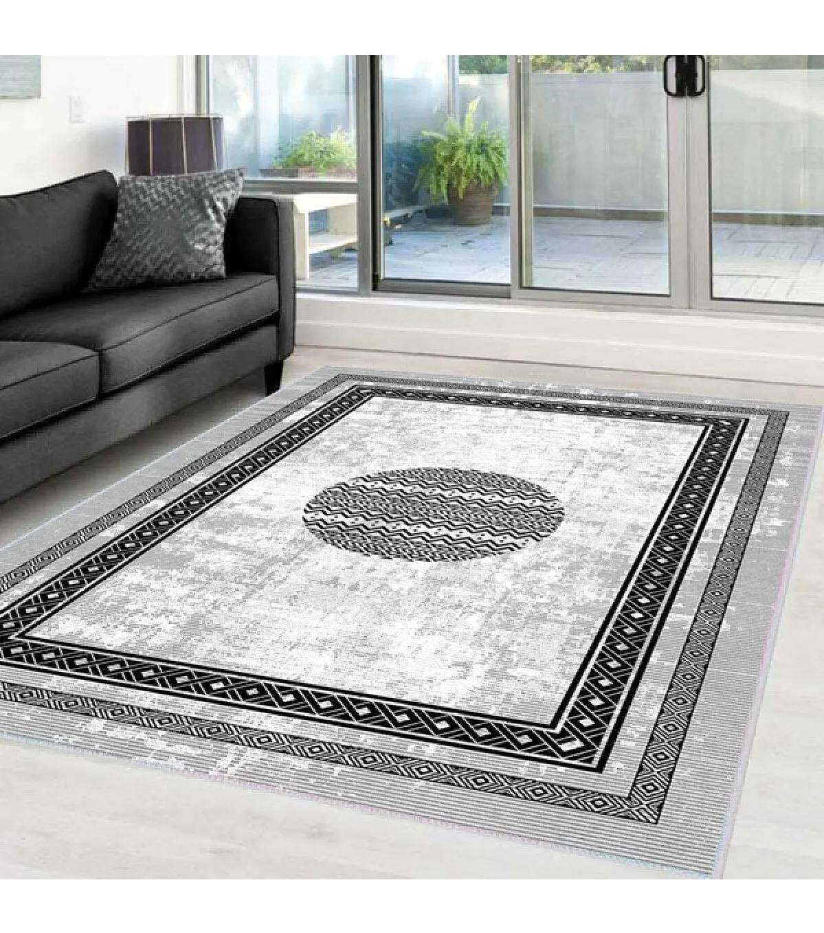Rovigo Home RVG0040-SD1081 Gri-Siyah 8 mm Polyester Yıkanabilir Orta Kaymaz Dot Taban Dikdörtgen Makine Dokuma Salon Halısı 120x180 cm