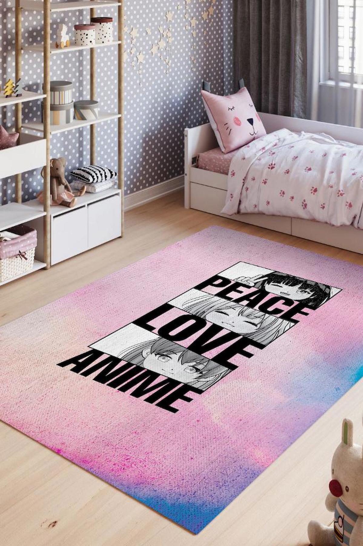 Homshtag Barış Aşk Anime Krem 4 mm Pamuk Antistatik Yıkanabilir İnce Kaymaz Dikdörtgen Makine Dokuma Genç Odası Halısı 195x290 cm