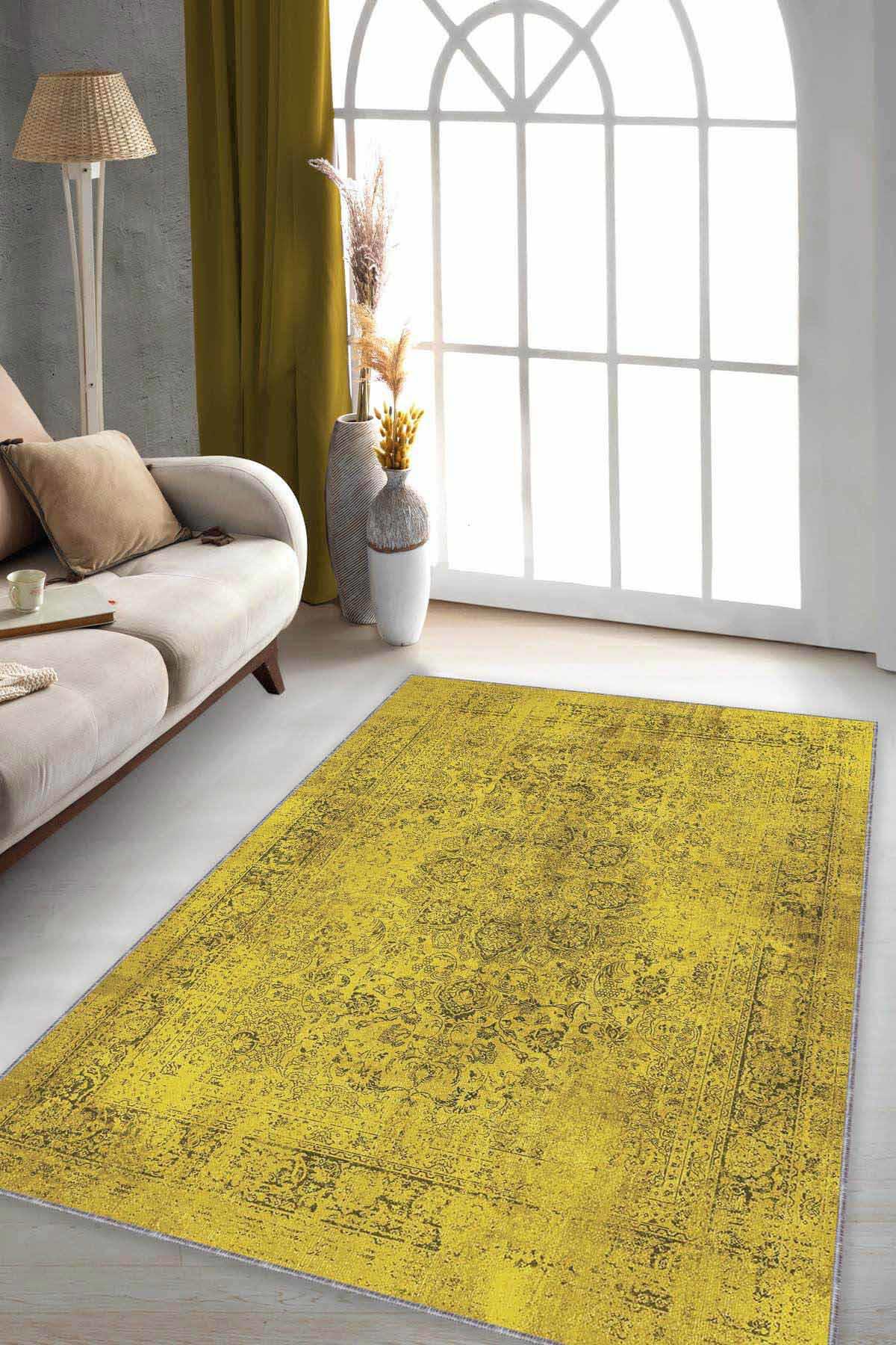 Viva Home KR028 Altın 7 mm Mikropolyester Antibakteriyel Yıkanabilir İnce Kaymaz Dikdörtgen Makine Dokuma Salon Halısı 160x300 cm