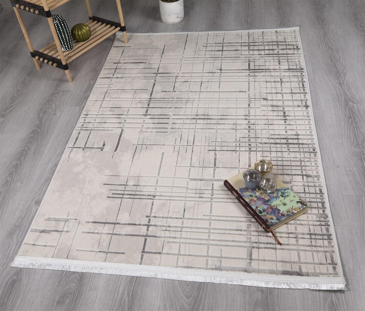 My Evilla 4113C Gri-Krem 10 mm Polyester Yıkanabilir İnce Kaymaz Taban Dikdörtgen Makine Dokuma Salon Halısı 80x300 cm