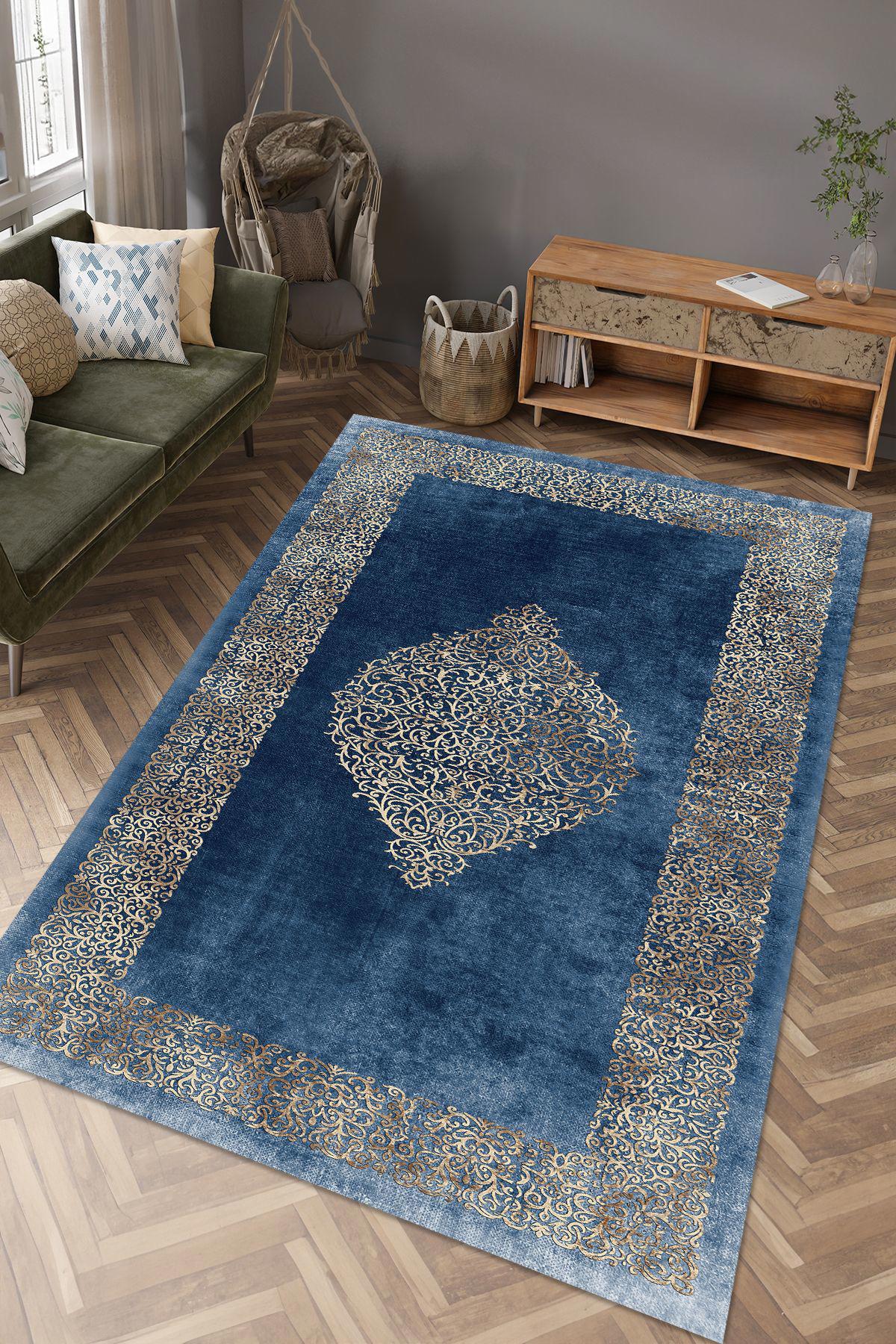 İnspira Gri-Mavi 12 mm Polyester Antibakteriyel-Leke Tutmaz-Toz Tutmaz Yıkanabilir Orta Kaymaz Dot Taban Dikdörtgen Makine Dokuma Oturma Odası-Salon Halısı 100x200 cm