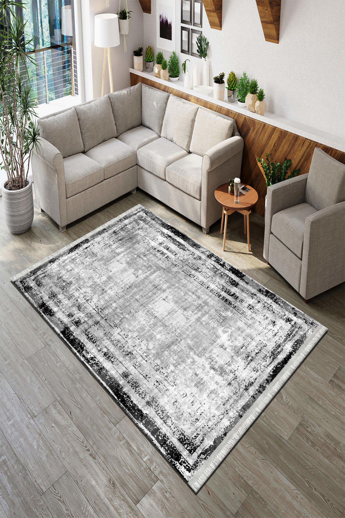 Roslyn Home Gri 6 mm Polyester Toz Tutmaz Yıkanabilir İnce Kaymaz Dot Taban Dikdörtgen Makine Dokuma Salon Halısı 160x230 cm