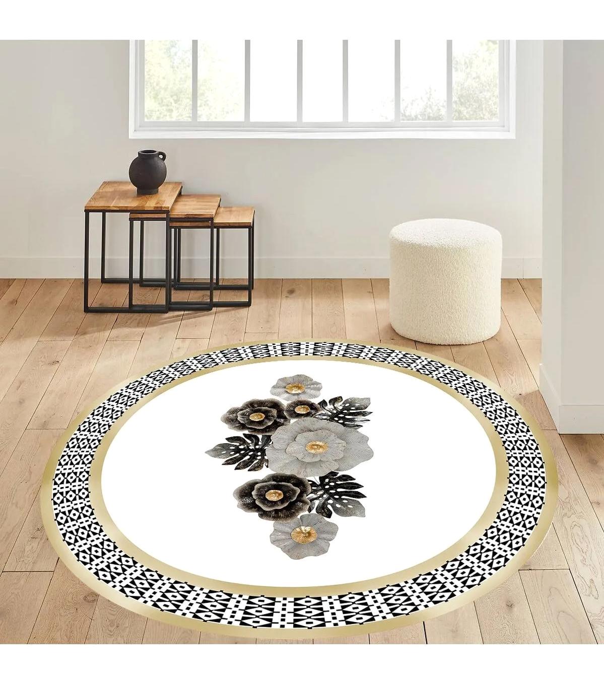 Rovigo Home RVG7330-SD439 Krem 8 mm Polyester Antibakteriyel-Leke Tutmaz-Toz Tutmaz Yıkanabilir İnce Kaymaz Dot Taban Yuvarlak Makine Dokuma Salon Halısı 160x230 cm