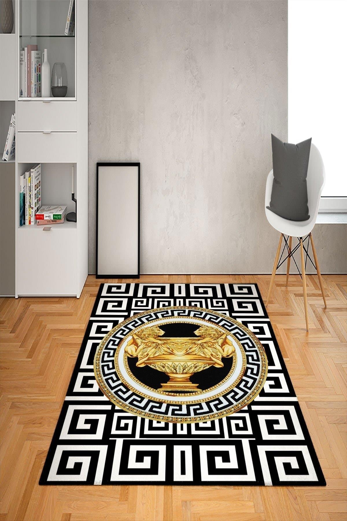 Doruklar Home Collection Altın-Siyah 0.7 mm Antibakteriyel Yıkanabilir Kalın Kaymaz Taban Dikdörtgen Makine Dokuma Çocuk Odası Halısı 80x500 cm