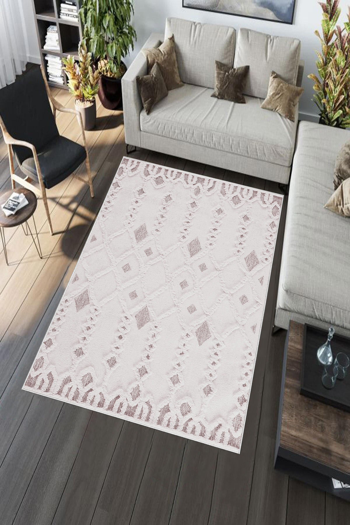 Aldora Bej-Kahverengi 0.8 mm Polipropilen Yıkanabilir Orta Kaymaz Deri Taban Dikdörtgen Makine Dokuma Salon Halısı 180x180 cm