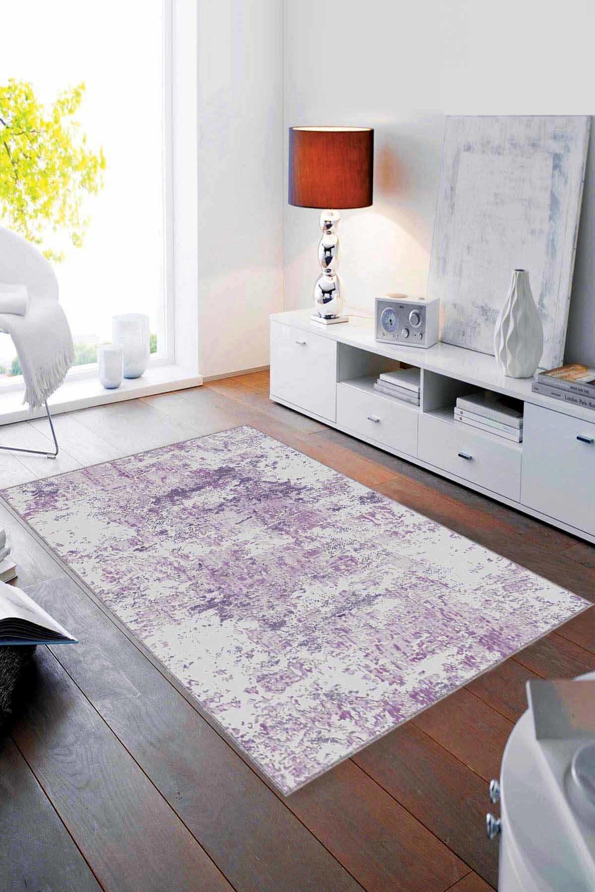 Viva Home MA003 Mor 7 mm Mikropolyester Antibakteriyel Yıkanabilir İnce Kaymaz Dot Taban Dikdörtgen Makine Dokuma Salon Halısı 160x230 cm