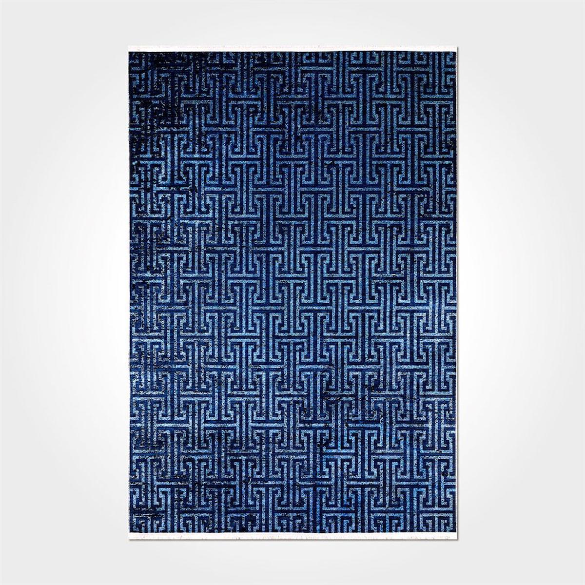 Crea Halı 2041PC Lacivert Pamuk-Polyester Yıkanabilir Orta Kaymaz Pamuk Taban Dikdörtgen Makine Dokuma Salon Halısı 80x150 cm