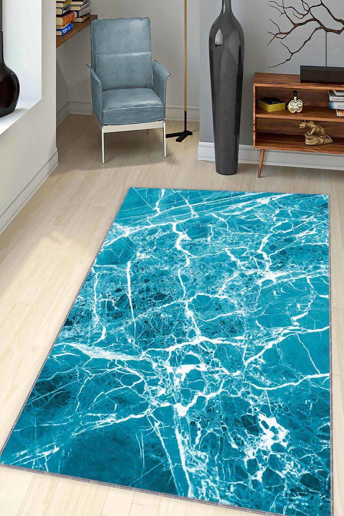Viva Home MER02 Beyaz-Turkuaz 7 mm Mikropolyester Koku Yapmaz-Leke Tutmaz-Toz Tutmaz Yıkanabilir İnce Kaymaz Dot Taban Dikdörtgen Makine Dokuma Antre-Oturma Odası-Salon-Yatak Odası Halısı 120x300 cm