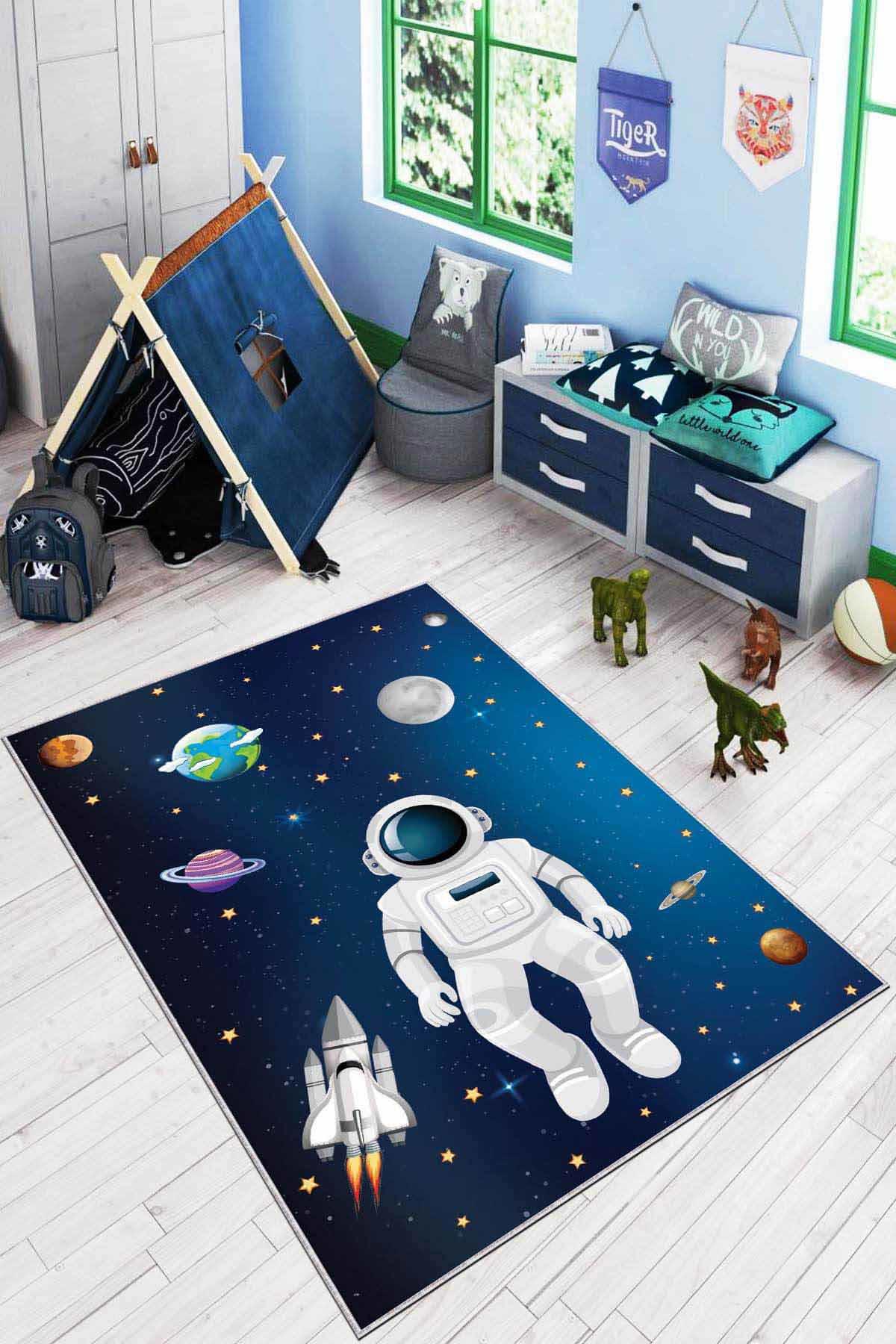 Viva Home AR172 Lacivert 7 mm Mikropolyester Leke tutmaz Yıkanabilir İnce Kaymaz Dikdörtgen Makine Dokuma Çocuk Odası Halısı 120x180 cm