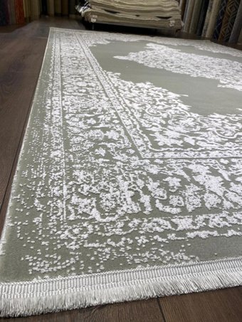 İlhanın Halıları Krem - Yeşil 12 mm Akrilik Yıkanabilir Kalın Kaymaz Taban Dikdörtgen Makine Dokuma Salon Halısı 120x180 cm