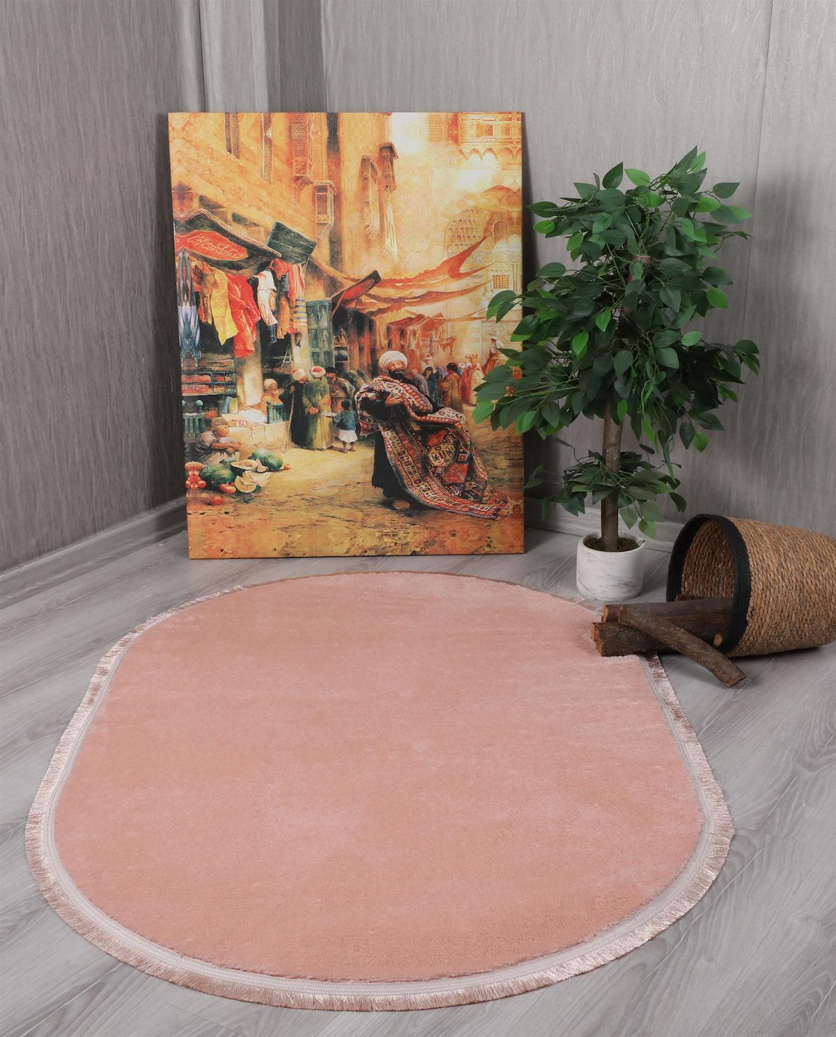 My Evilla Puffy Pembe 15 mm Polyester Yıkanabilir Kalın Kaymaz Oval Makine Dokuma Salon Halısı 120x200 cm