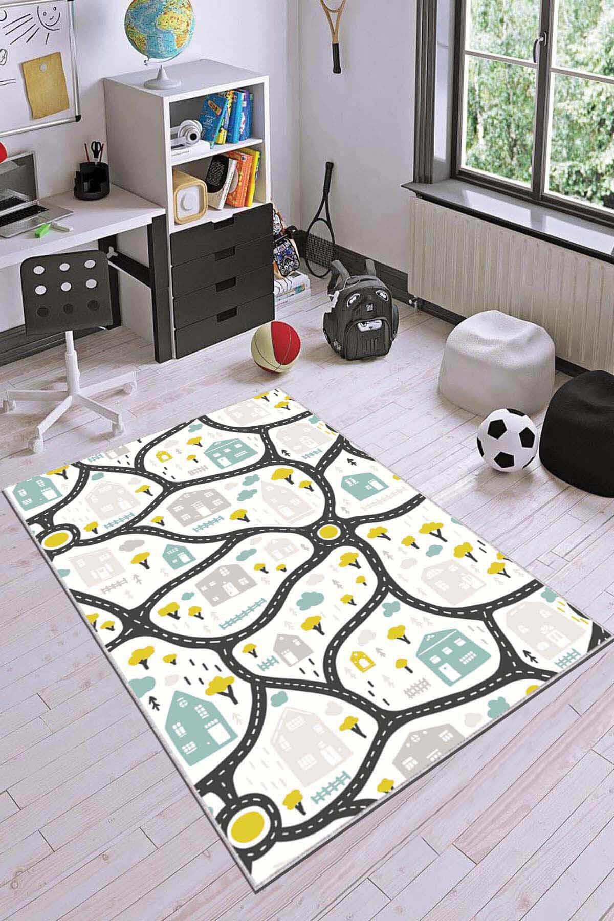 Viva Home AR059 Krem 7 mm Mikropolyester Leke tutmaz Yıkanabilir İnce Kaymaz Dot Taban Dikdörtgen Makine Dokuma Salon Halısı 120x180 cm