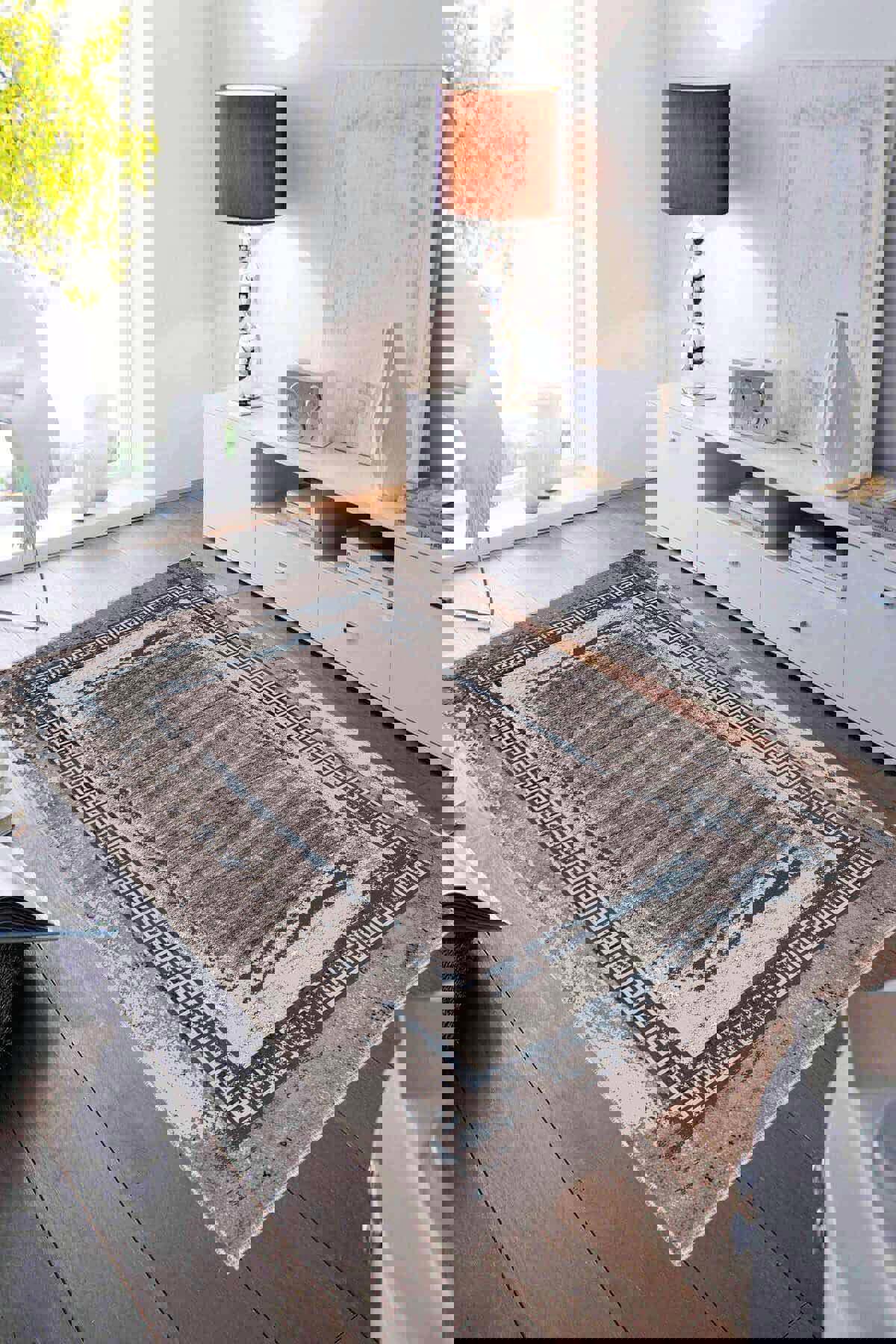 Viva Home AR216 Bej - Mavi 7 mm Mikropolyester Leke Tutmaz Yıkanabilir İnce Kaymaz Dot Taban Dikdörtgen Makine Dokuma Salon Halısı 120x180 cm