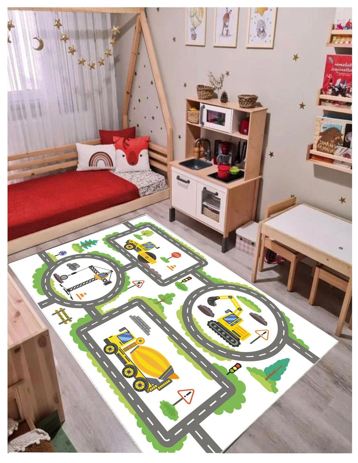 Sty Home Gri-Mavi 0.8 mm Polyester Antialerjenik-Antibakteriyel-Koku Yapmaz Yıkanabilir İnce Kaymaz Dot Taban Hayvan Desenli Dikdörtgen Makine Dokuma Halı 160x850 cm