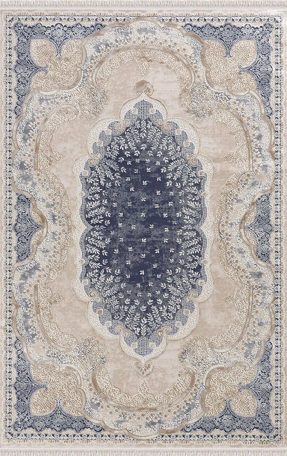 Merinos Rodin 19777 Krem Lacivert 11 mm Akrilik Toz Tutmaz Yıkanabilir Kalın Kaymaz Dikdörtgen Makine Dokuma Salon Halısı 140x200 cm