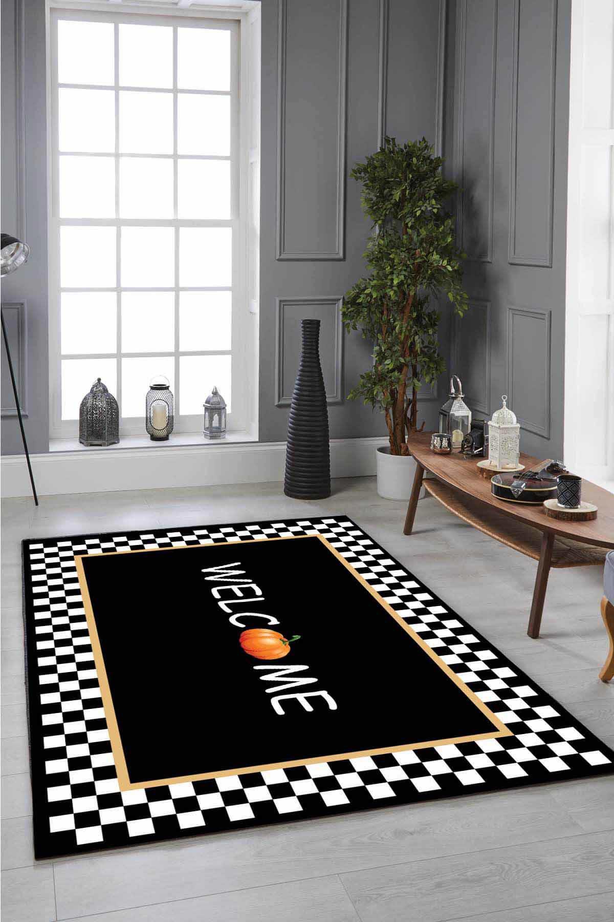 Viva Home MT39 Siyah 7 mm Mikropolyester Antibakteriyel Yıkanabilir İnce Kaymaz Lateks Taban Dikdörtgen Makine Dokuma Salon Halısı 100x200 cm