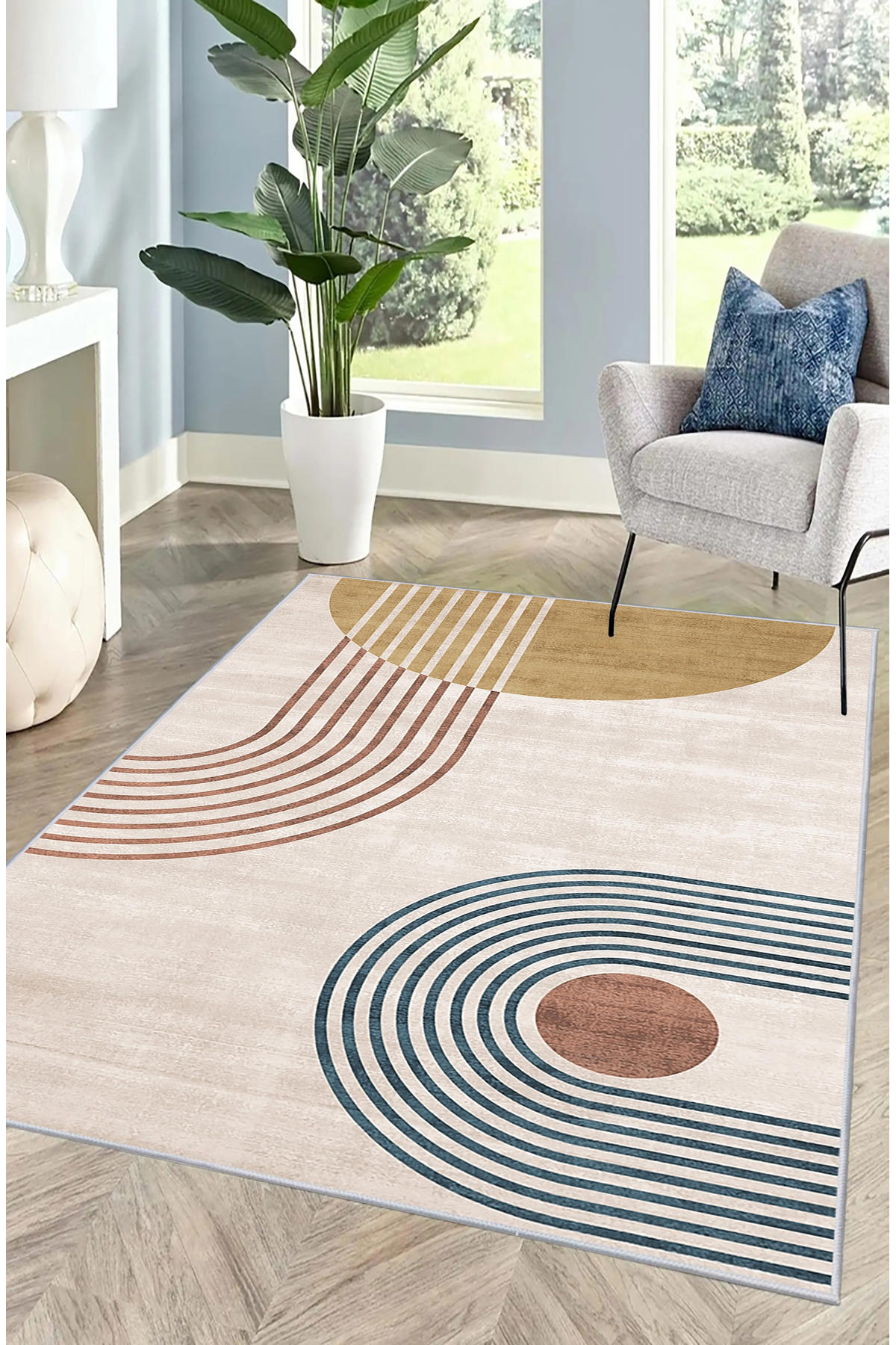 Artizon ART245 Bej 0.8 mm Polyester Toz Tutmaz Yıkanabilir İnce Kaymaz Dot Taban Dikdörtgen Makine Dokuma Salon Halısı 150x150 cm