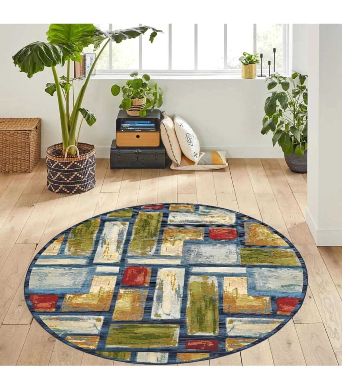 Rovigo Home RVG7144 Çok Renkli 8 mm Polyester Antibakteriyel-Leke Tutmaz-Toz Tutmaz Yıkanabilir İnce Kaymaz Dot Taban Yuvarlak Makine Dokuma Salon Halısı 180x180 cm