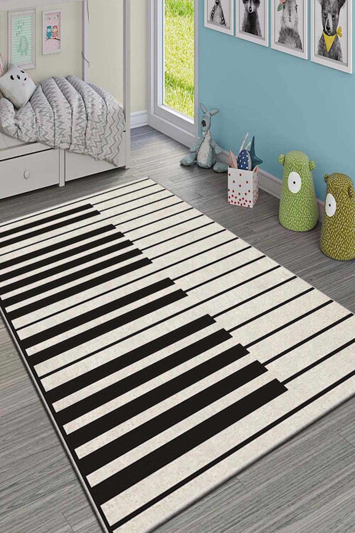 Homefesto Krem 5 mm Polyester Leke Tutmaz Yıkanabilir İnce Kaymaz Taban Piyano Desenli Dikdörtgen Makine Dokuma Çocuk Odası Halısı 200x300 cm