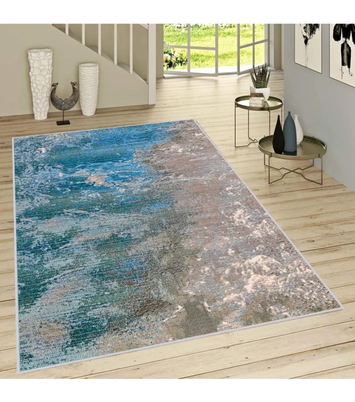 Rovigo Home RVG1682 Mavi - Vizon 8 mm Polyester Antibakteriyel-Leke Tutmaz-Toz Tutmaz Yıkanabilir İnce Kaymaz Dot Taban Dikdörtgen Makine Dokuma Salon Halısı 100x300 cm