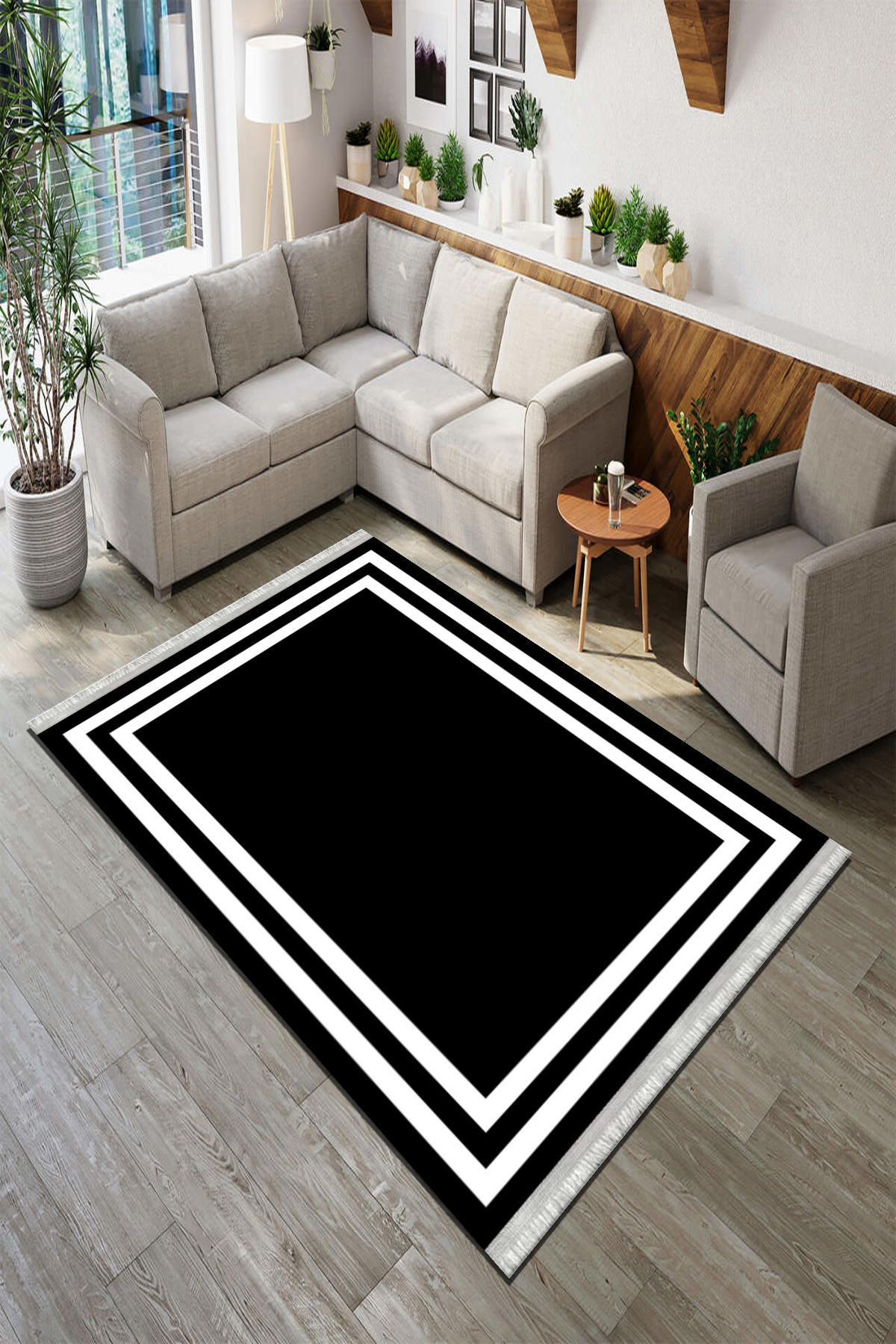 Roslyn Home Siyah 6 mm Polyester Toz Tutmaz Yıkanabilir İnce Kaymaz Dot Taban Kare Makine Dokuma Salon Halısı 100x200 cm
