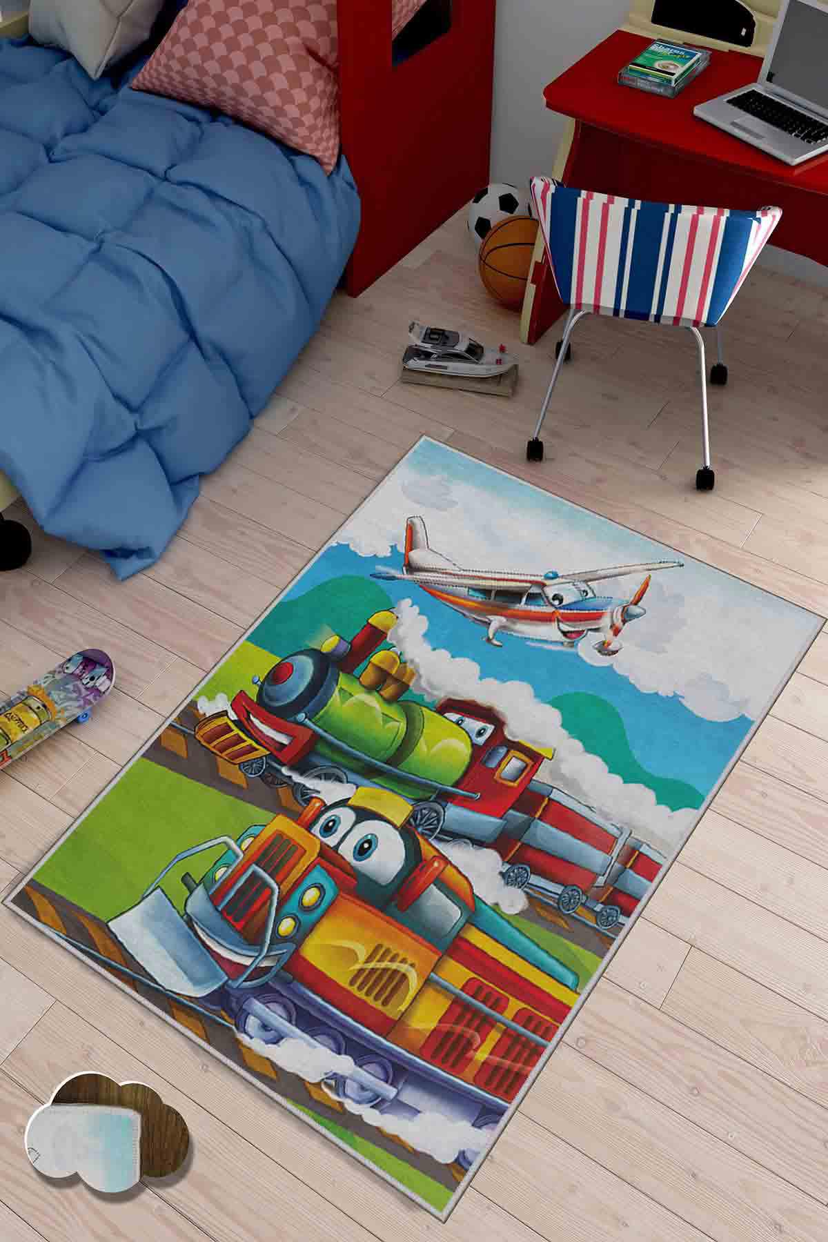 Homefesto Krem 5 mm Polyester Leke Tutmaz Yıkanabilir İnce Kaymaz Taban Dikdörtgen Makine Dokuma Çocuk Odası Halısı 100x180 cm