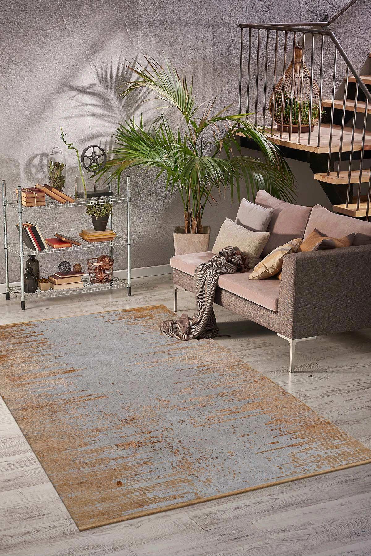 Royal Halı Da Vinci Gri-Turuncu 6 mm İpek Toz Tutmaz Yıkanabilir Kalın Kaymaz Lateks Taban Dikdörtgen Makine Dokuma Salon Halısı 200x290 cm