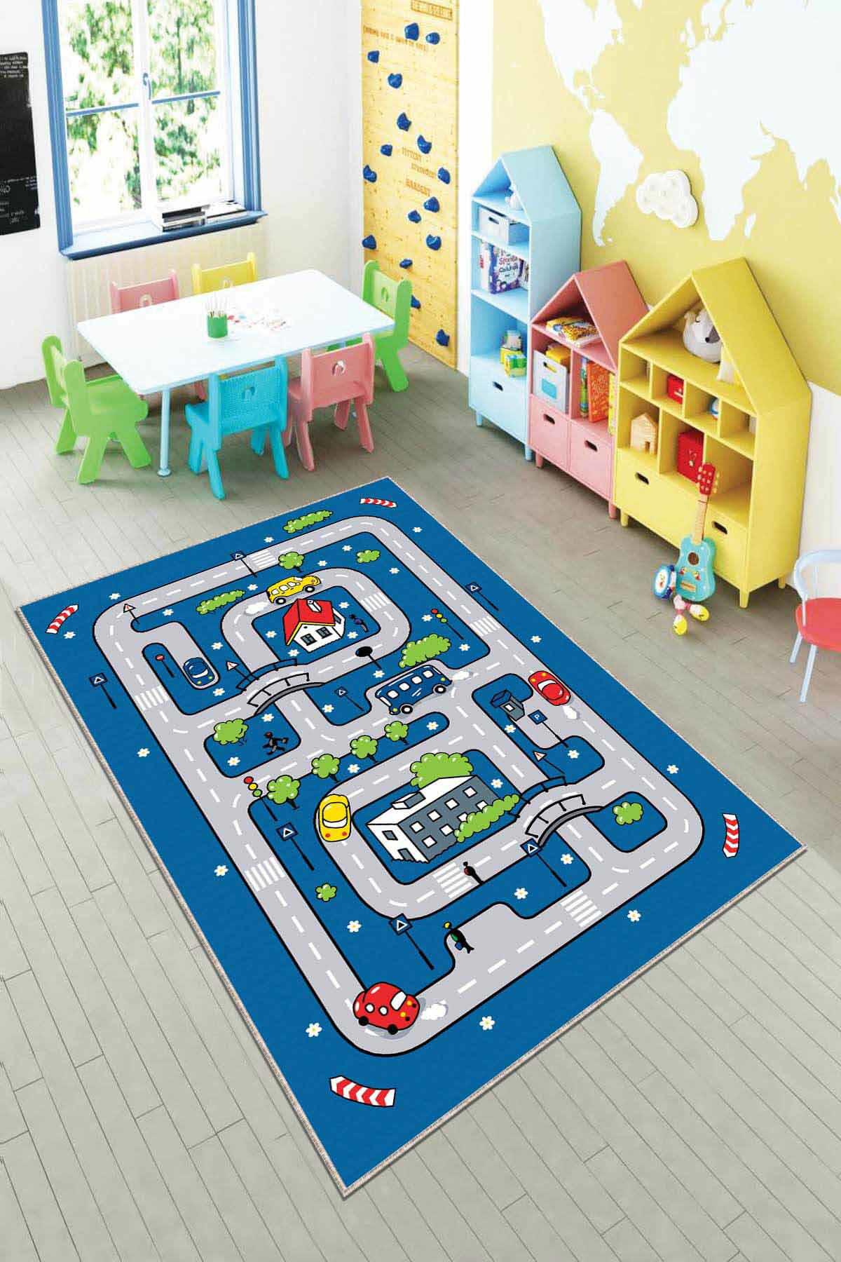 Viva Home AR744 Mavi 7 mm Mikropolyester Leke tutmaz Yıkanabilir İnce Kaymaz Dot Taban Dikdörtgen Makine Dokuma Çocuk Odası Halısı 140x200 cm