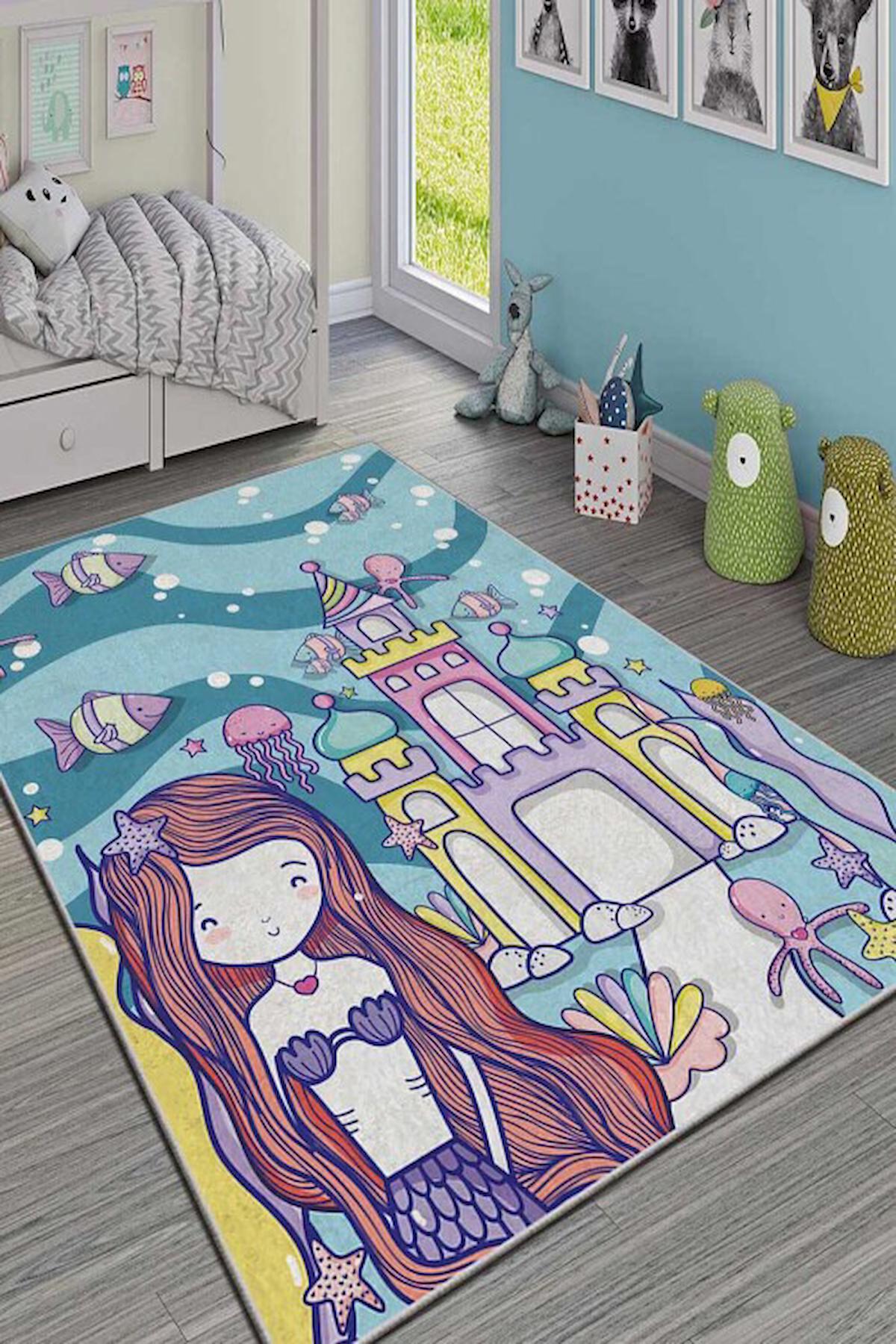 Homefesto Krem 5 mm Polyester Leke Tutmaz Yıkanabilir İnce Kaymaz Taban Figürlü Dikdörtgen Makine Dokuma Çocuk Odası Halısı 80x150 cm