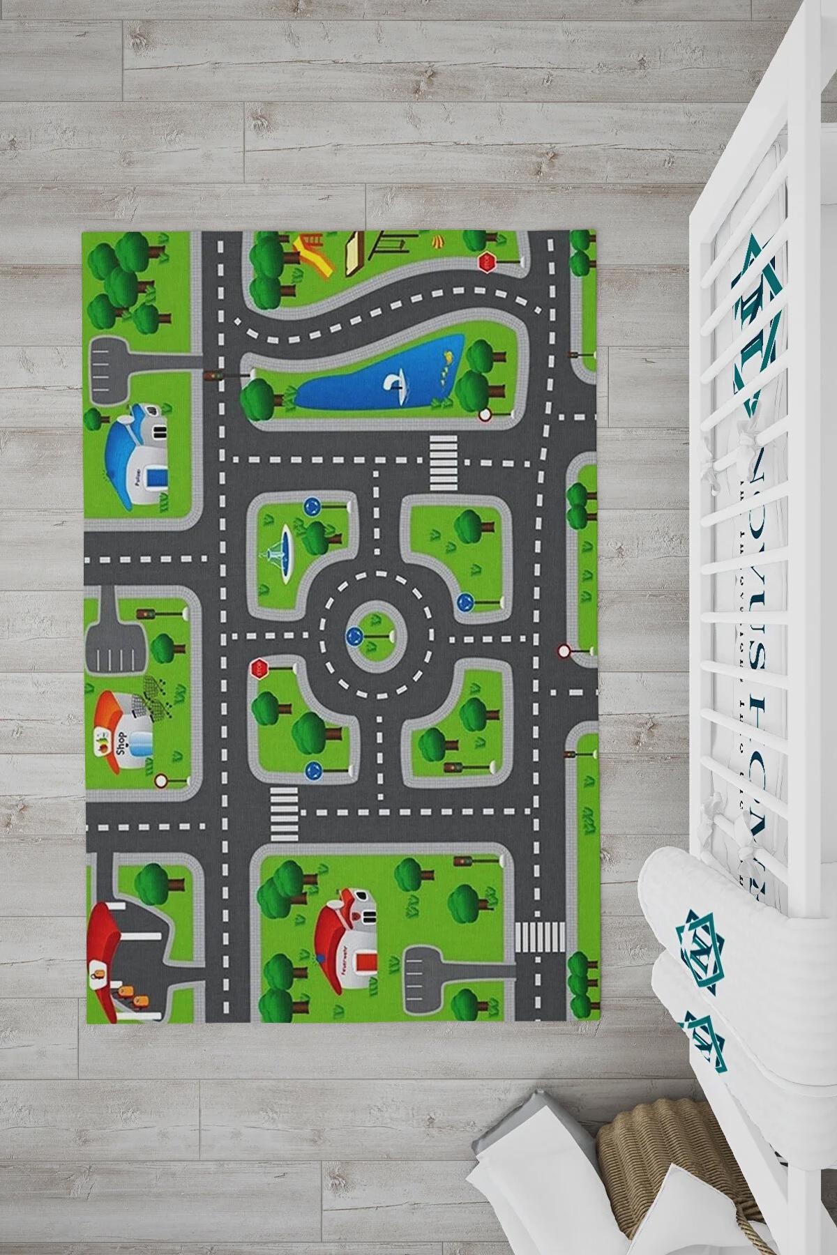 Novus Home Punto Serisi Gri-Yeşil 7 mm Polyester Antibakteriyel-Toz Tutmaz-Yalıtıma Yardımcı Yıkanabilir İnce Kaymaz Taban Dikdörtgen Makine Dokuma Çocuk Odası Halısı 160x230 cm